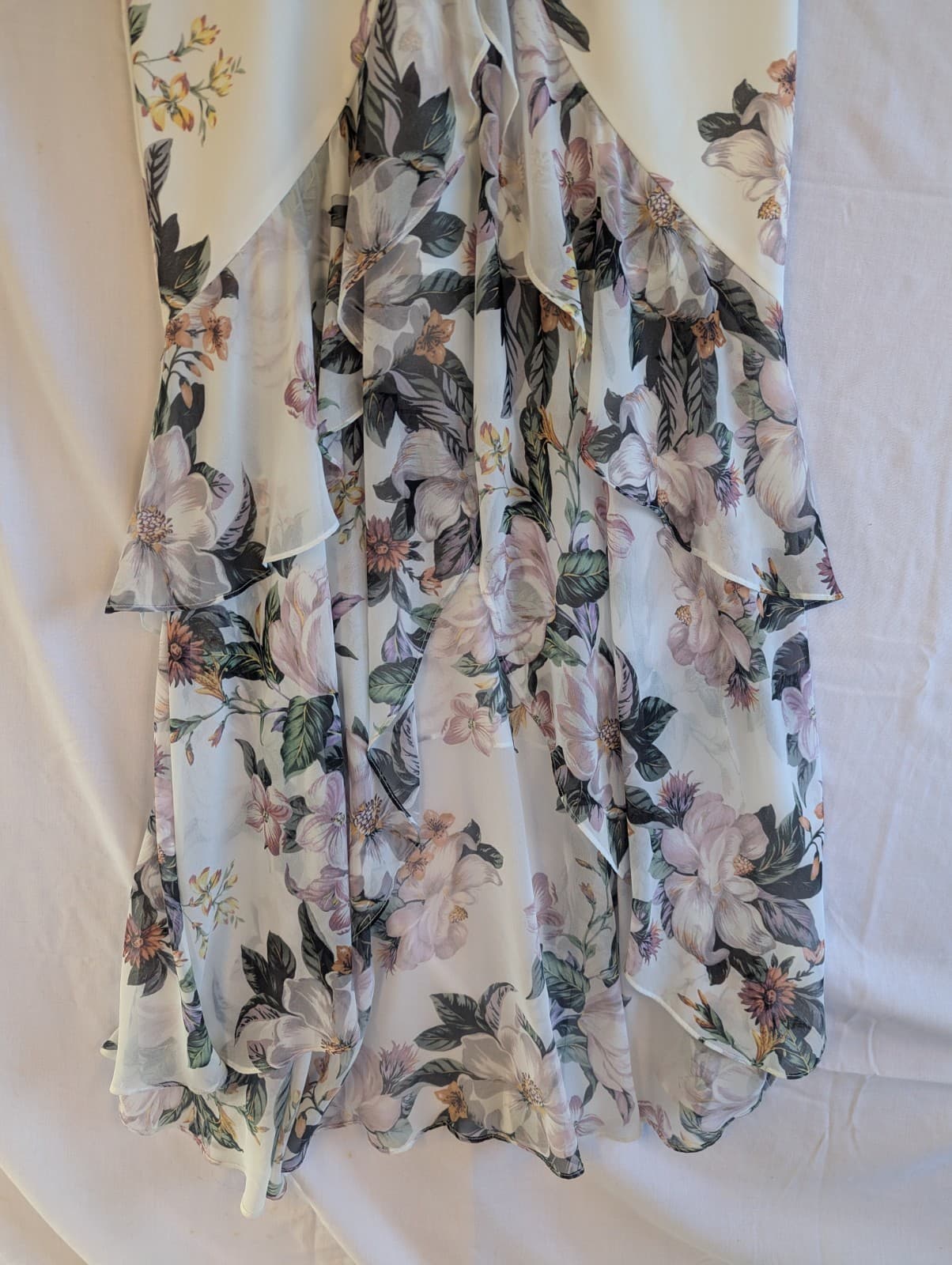 Sheike Dress White Floral Maxi High Low Ruffle Hem Wedding Guest Size 10 AU 6 US — photo 5 of 15