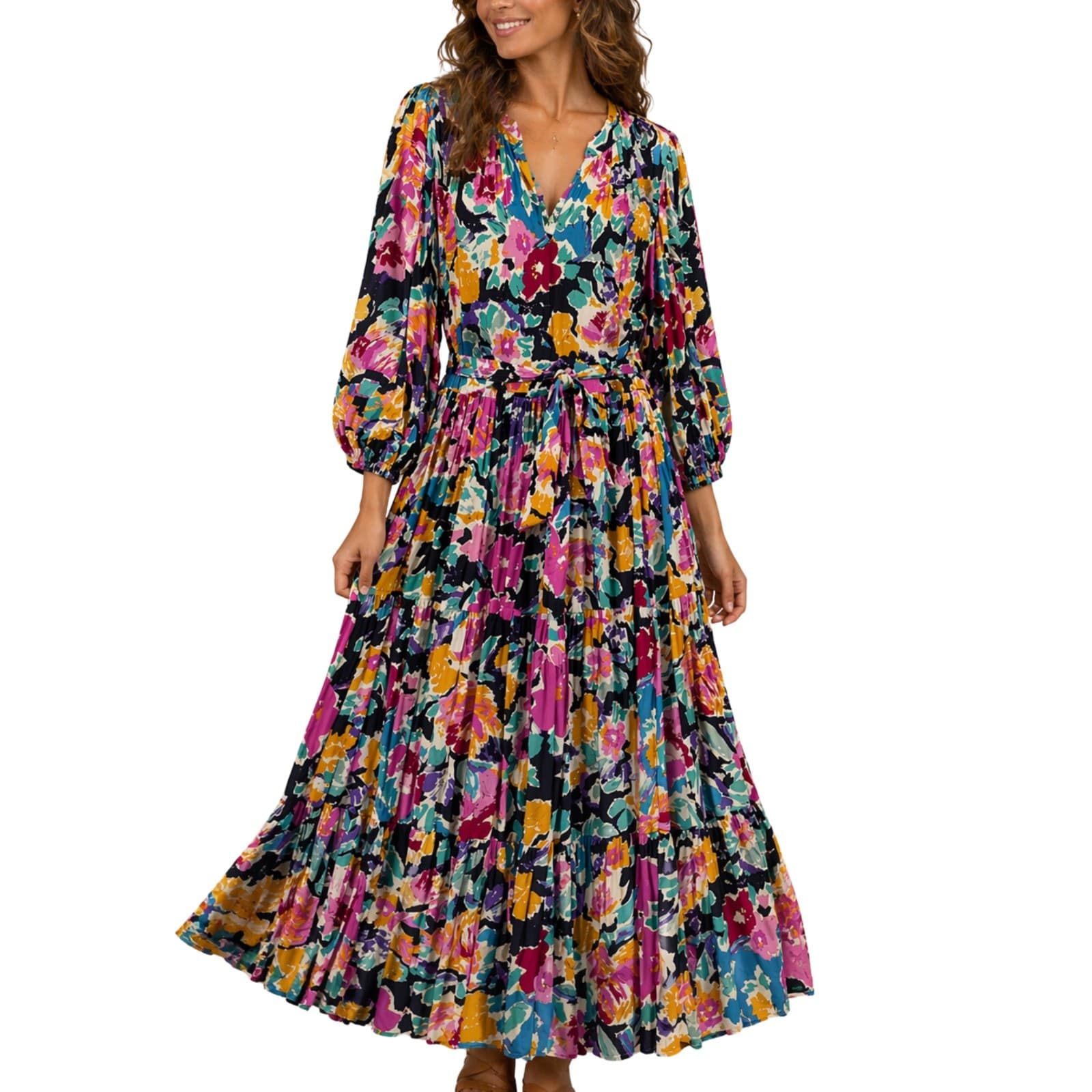 Ava Mia Dress Size 12 Boho Floral Maxi Multicolor Tiered Resort Festival Rayon — photo 1 of 10