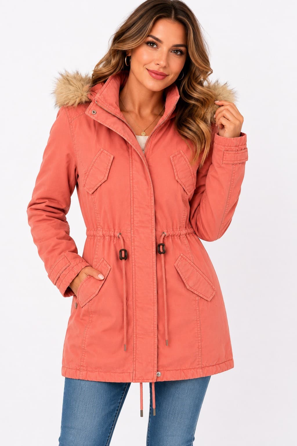 Giordano Parka Jacket Size L Pink Faux Fur Lined Hooded Winter Coat Warm Casual — photo 2 of 16