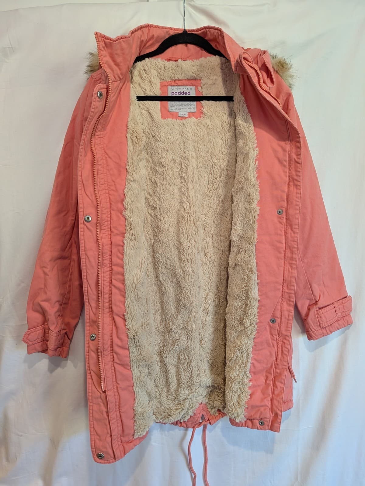 Giordano Parka Jacket Size L Pink Faux Fur Lined Hooded Winter Coat Warm Casual — photo 10 of 16