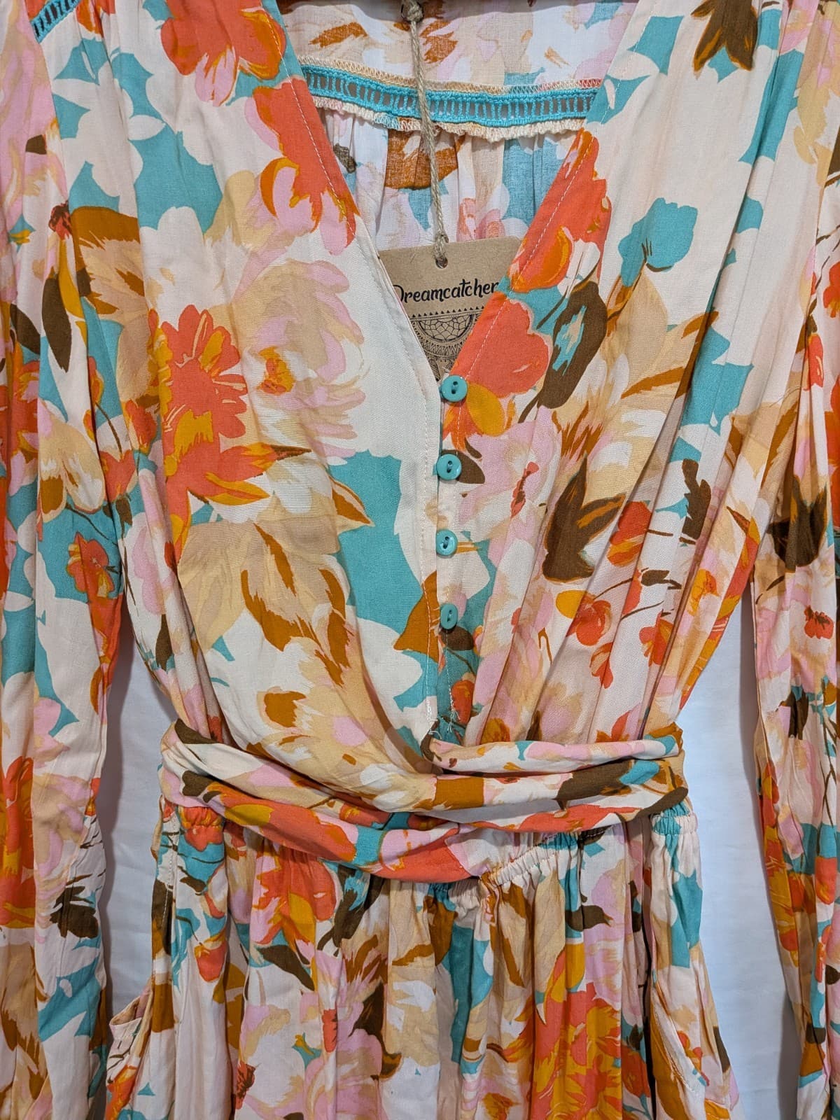 Dreamcatcher Dress Size 12 Boho Floral Wrap Mini Pink Peach Resort Festival — photo 3 of 14