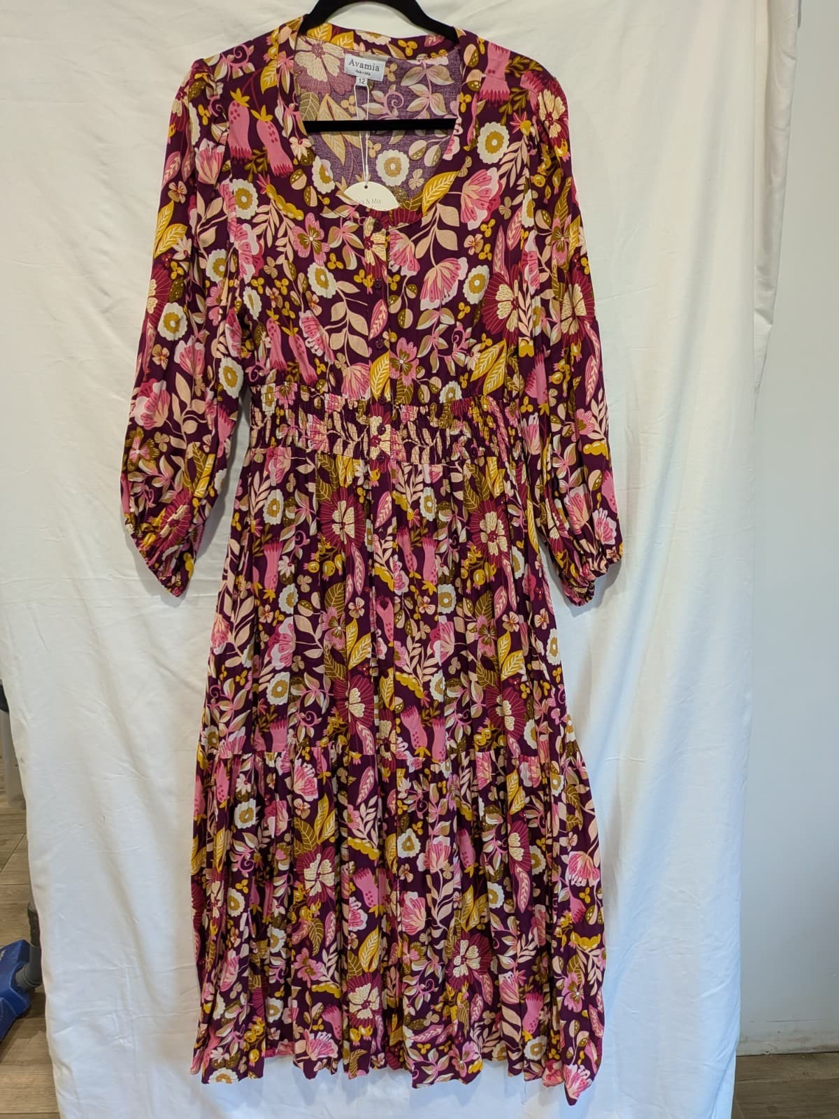 Ava Mia Dress Size 12 Boho Floral Midi Maxi Berry Pink Button Front Rayon — photo 2 of 12