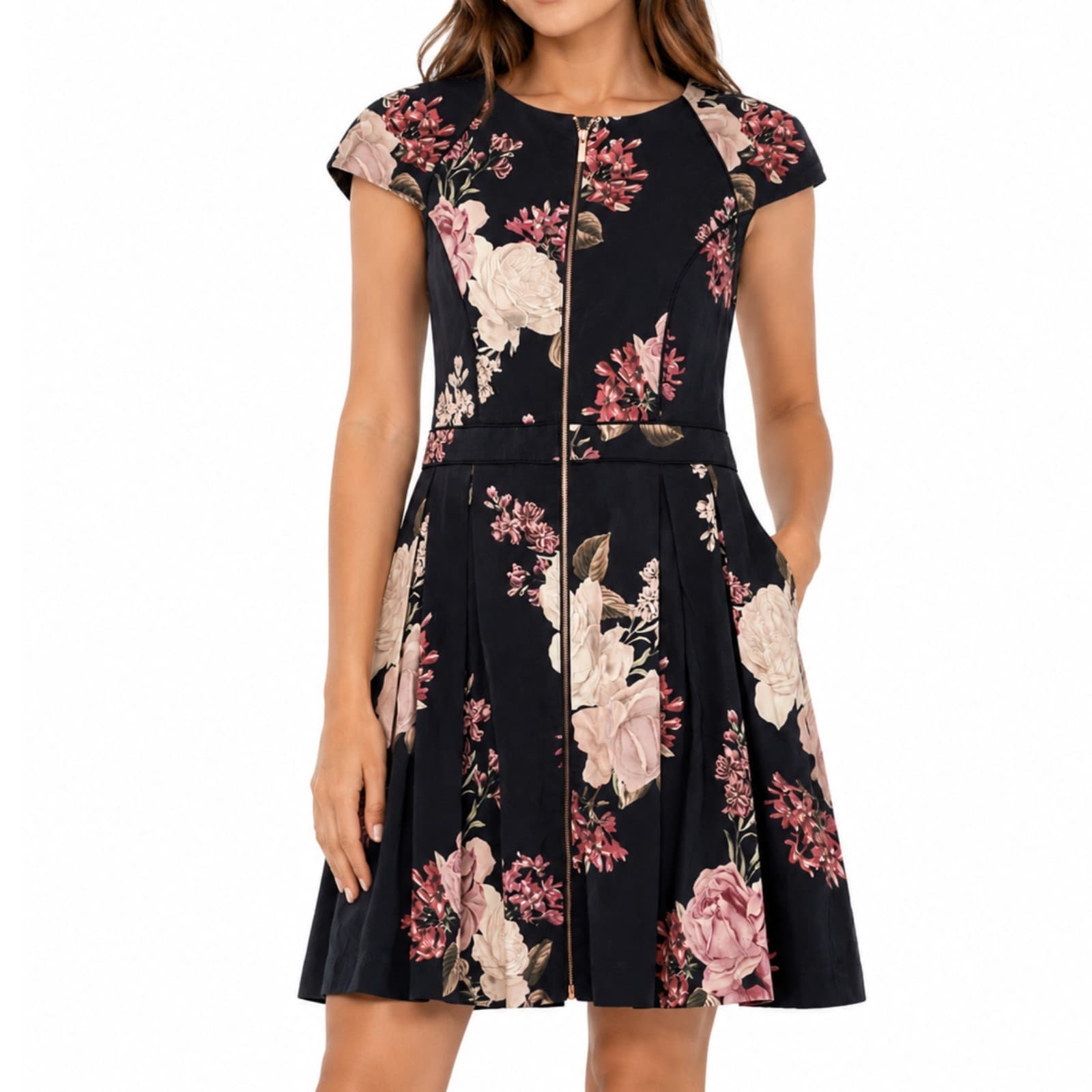 Portmans Floral Dress Size 16 Black Pink Rose Fit Flare Zip Front Party — photo 1 of 10