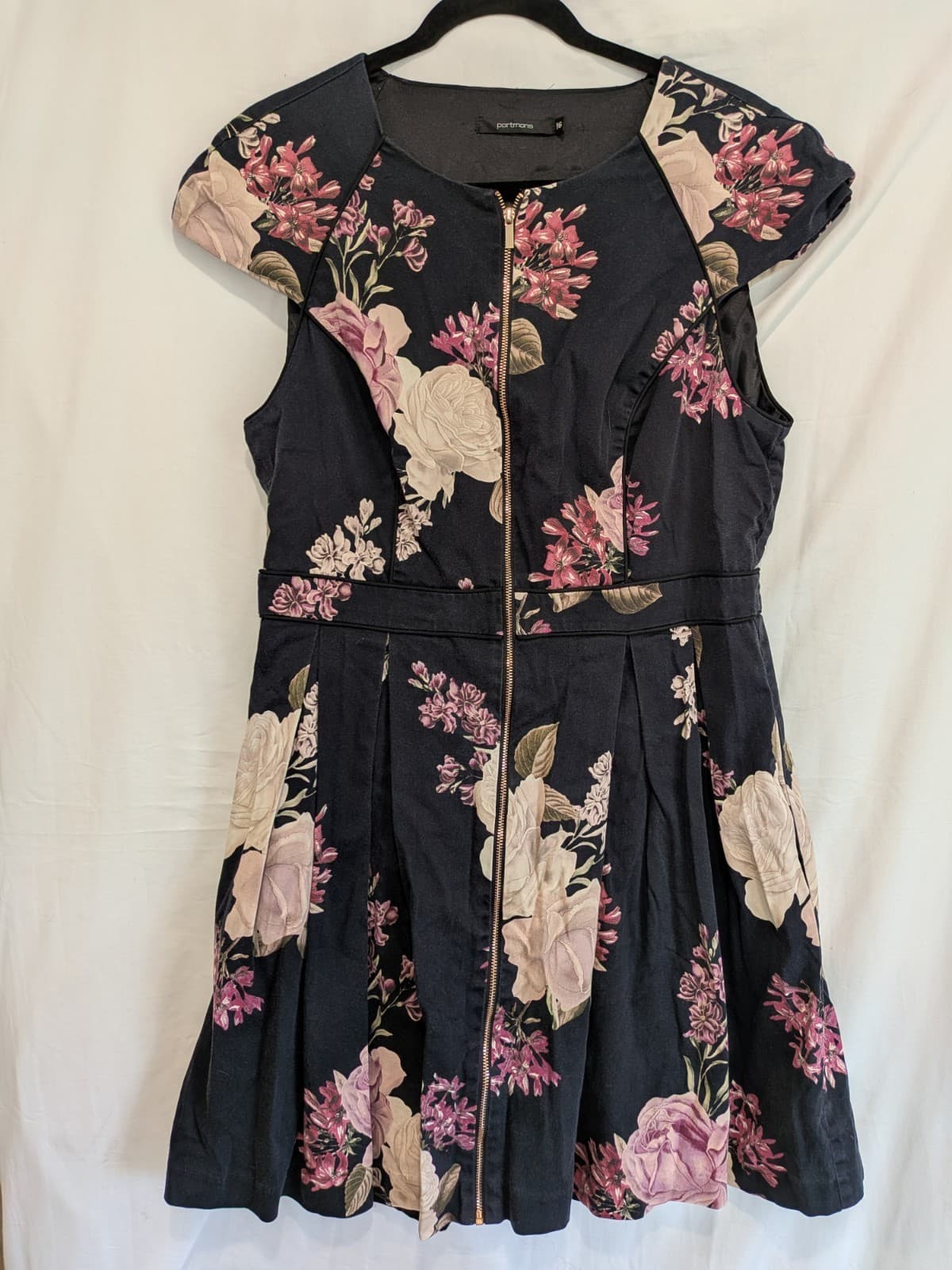 Portmans Floral Dress Size 16 Black Pink Rose Fit Flare Zip Front Party — photo 2 of 10