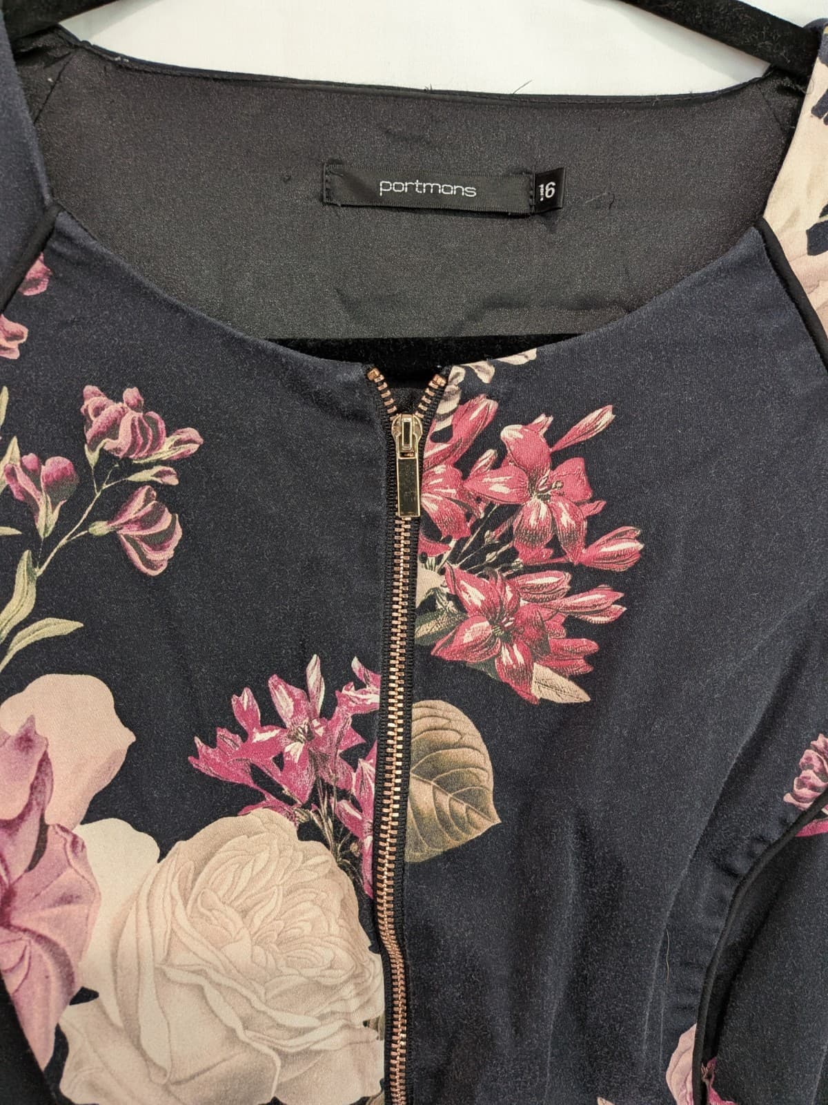 Portmans Floral Dress Size 16 Black Pink Rose Fit Flare Zip Front Party — photo 4 of 10