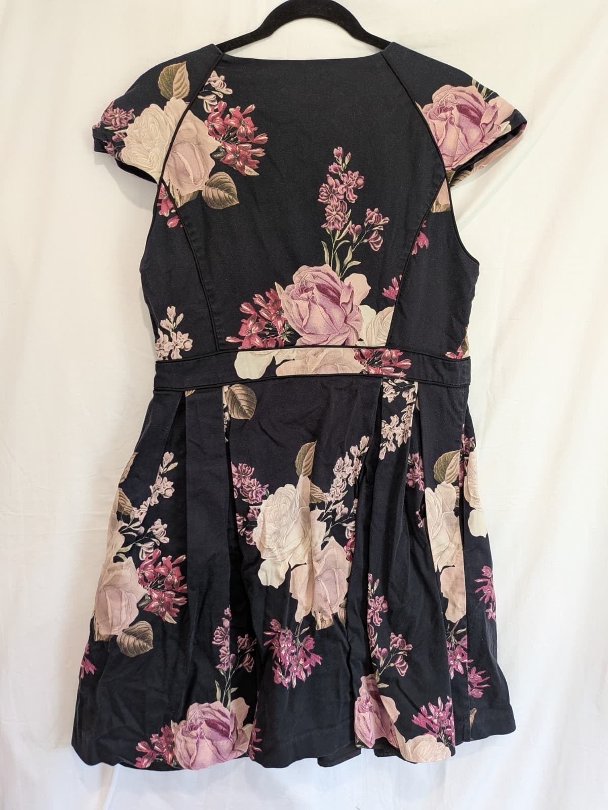 Portmans Floral Dress Size 16 Black Pink Rose Fit Flare Zip Front Party — photo 9 of 10