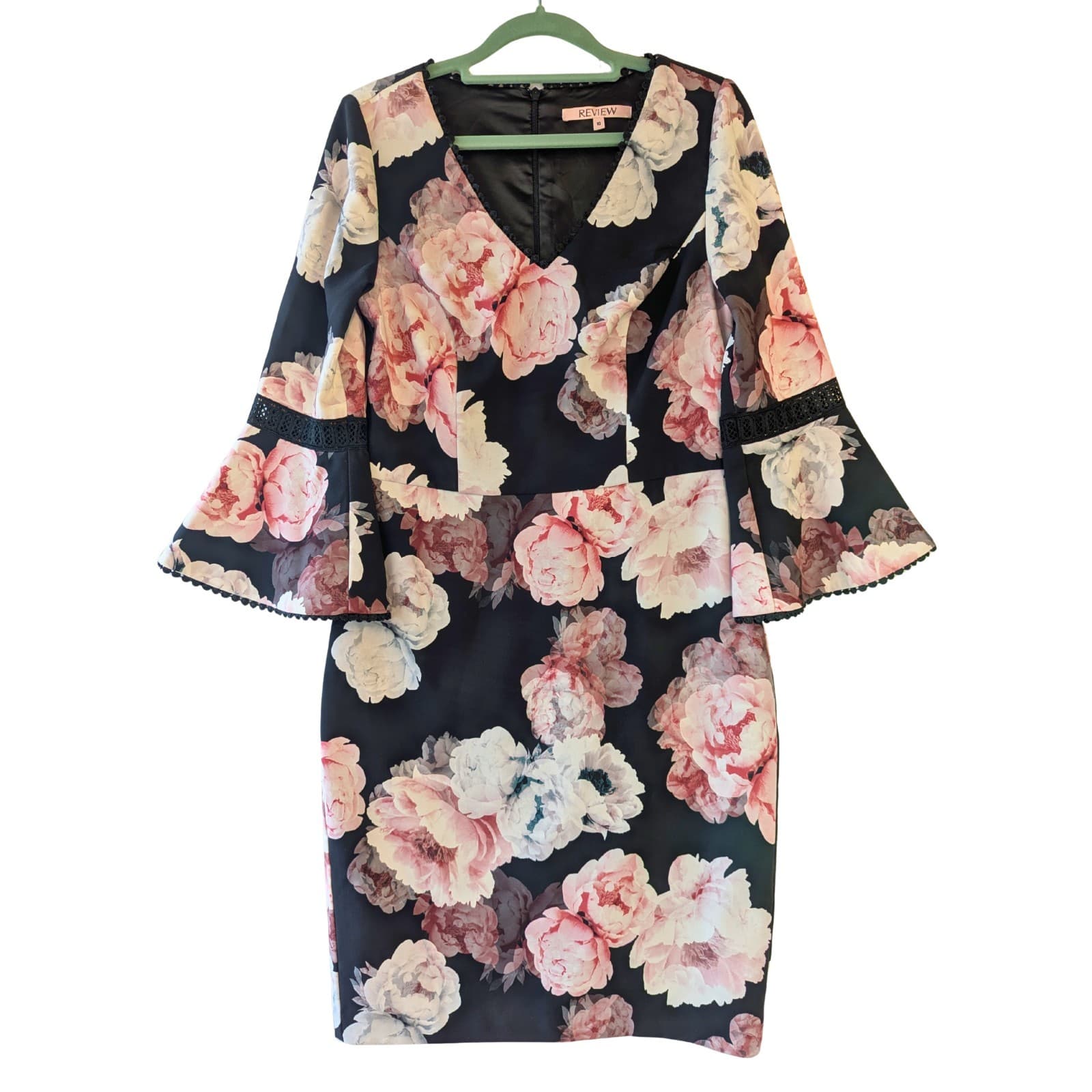 Review Dress Size 10 AUS 6 US Black Pink Floral Bell Sleeve Cocktail Party — photo 2 of 9