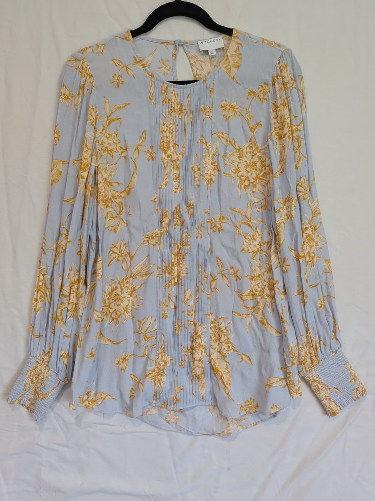 Witchery blouse size Aus 10 US 6 long sleeve floral pleated workwear blue yellow — photo 3 of 8