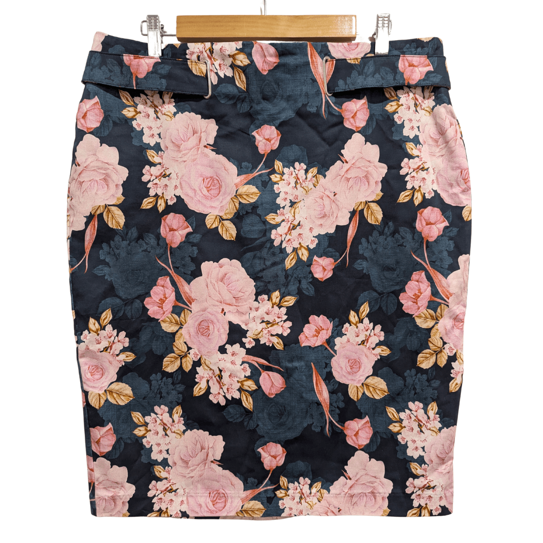 Portmans Skirt Floral Pencil Size Aus 16 US 12 Navy Pink Cotton Blend Workwear — photo 1 of 4