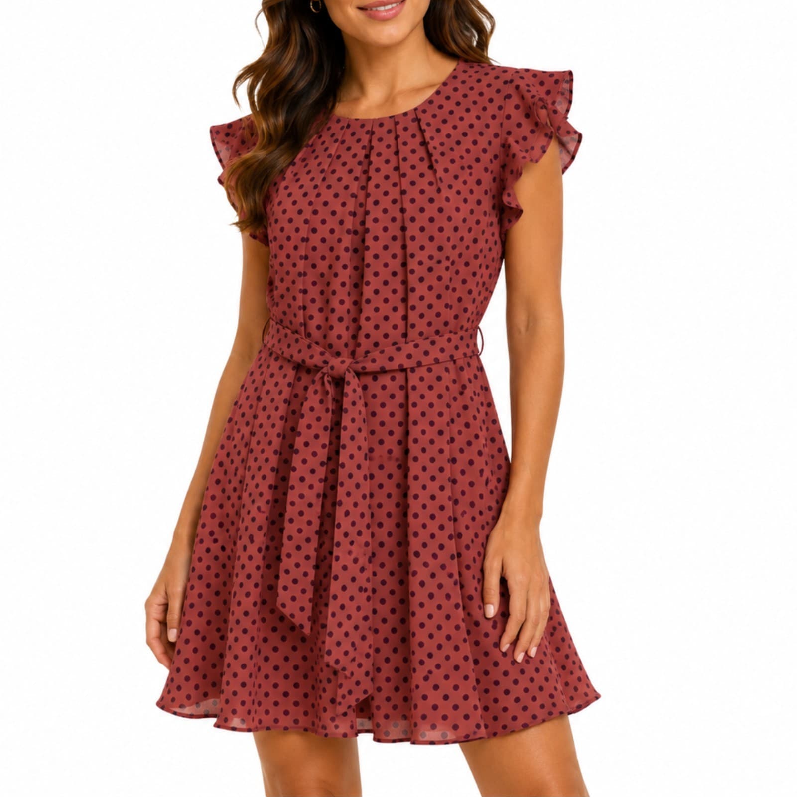Portmans Dress Size 14 Pink Polka Dot Knee Length Fit Flare Belted Dress — photo 1 of 8