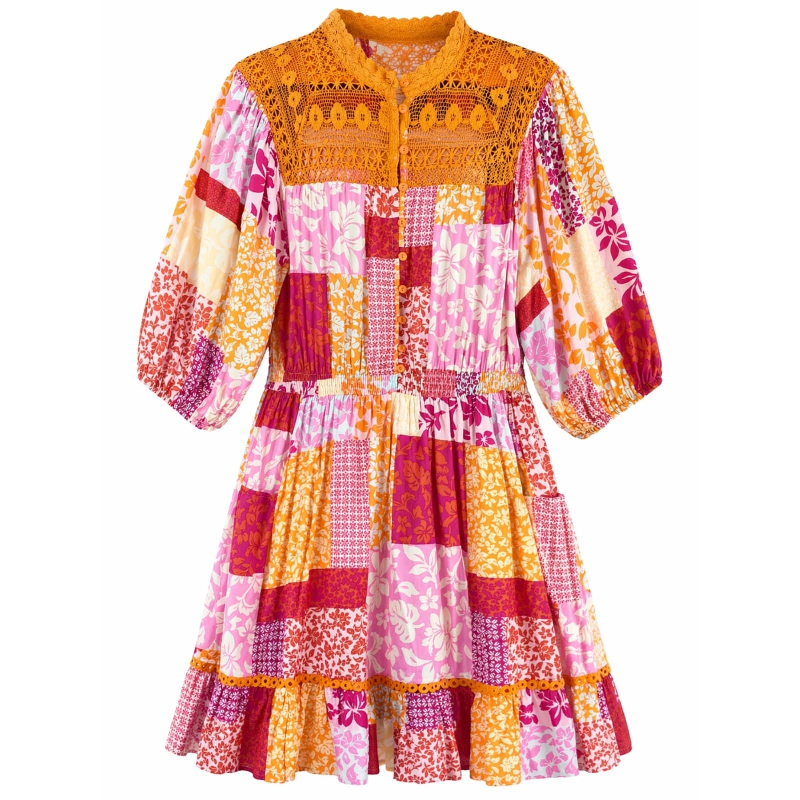 Dreamcatcher Dress Size 16 2XL Pink Orange Patchwork Boho Rayon Lace Tiered Plus — photo 2 of 13