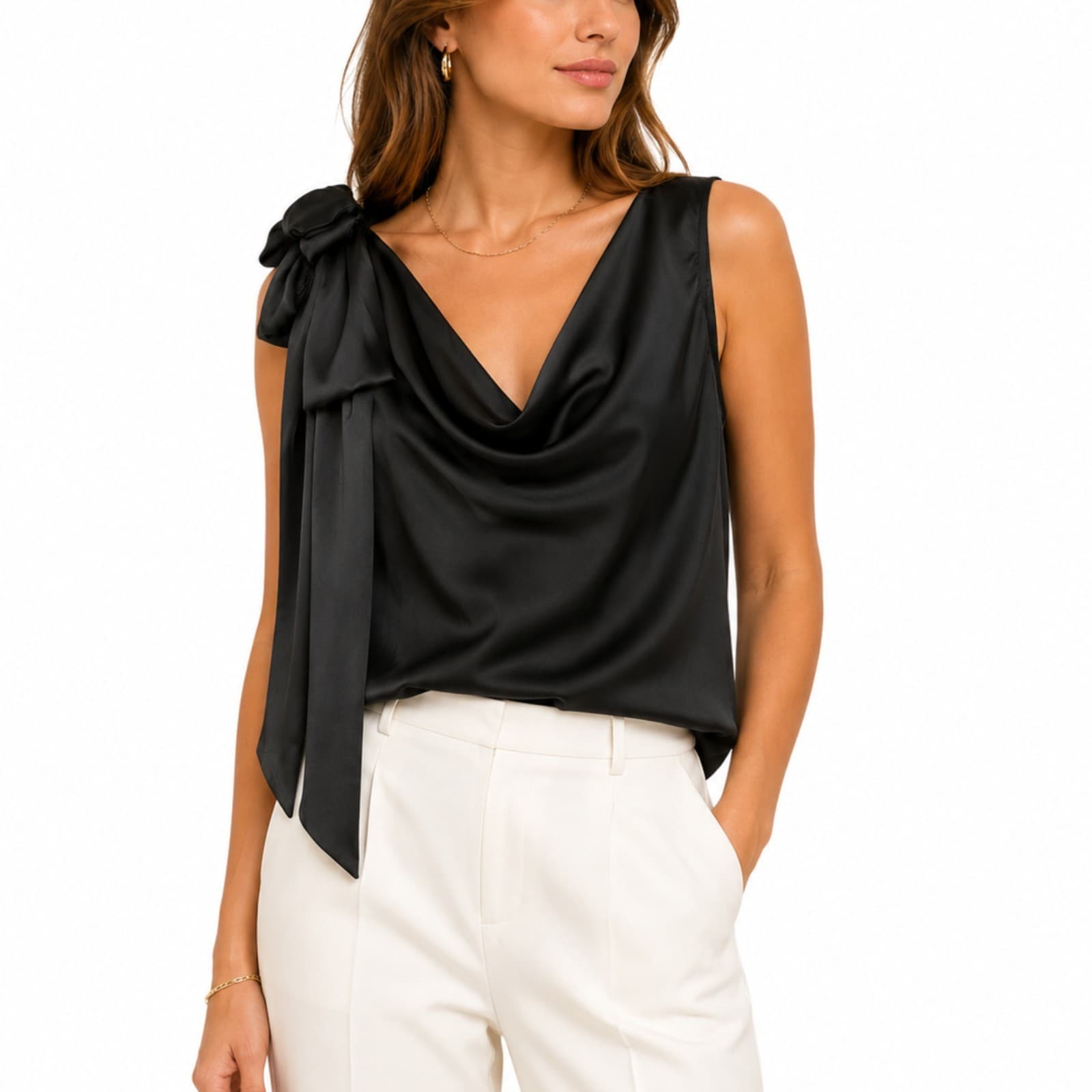 Review Top Size 10 Black Cowl Neck Bow Sleeveless Evening Party Blouse — photo 1 of 7
