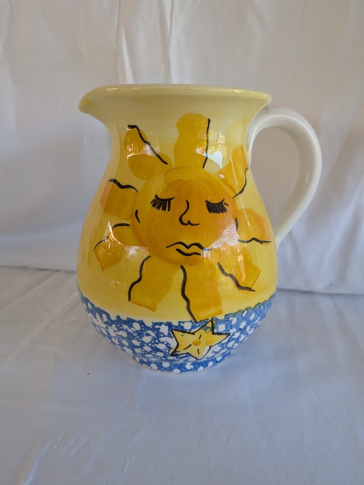 Italian Hand Painted Ceramic Jug Sun Motif Yellow Blue Country Kitchen Decor — photo 3 of 10