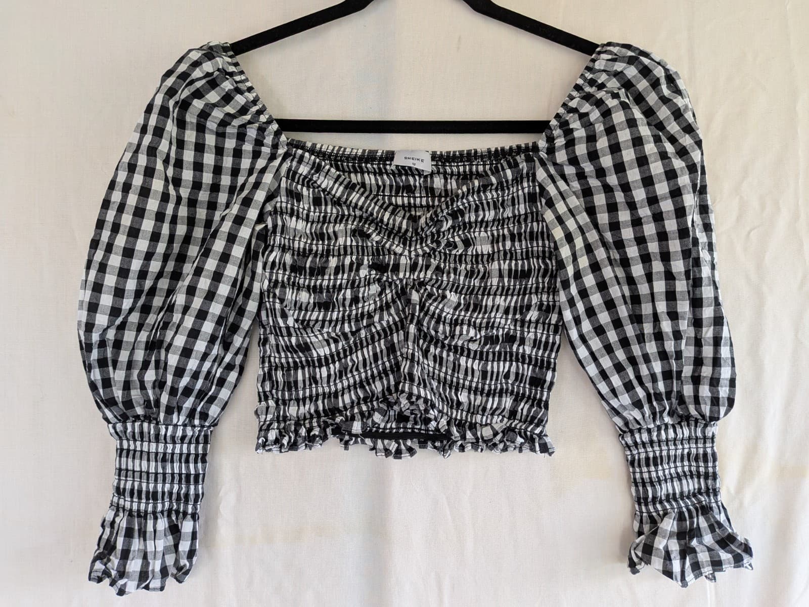Sheike Gingham Shirred Puff Sleeve Crop Top Black White Size Aus 12 Us 8 — photo 2 of 7