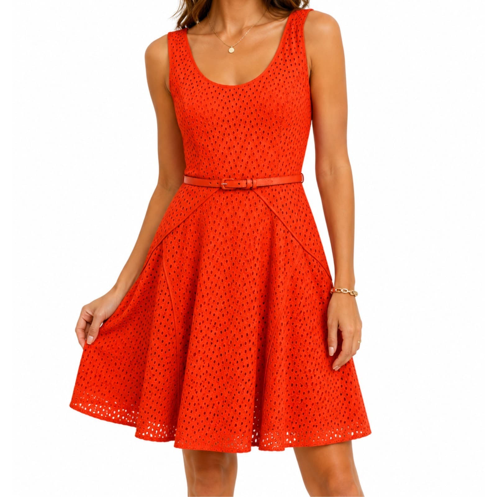 Review Dress Size 10 Orange Eyelet Fit & Flare Belted Midi Cocktail Party — photo 1 of 11