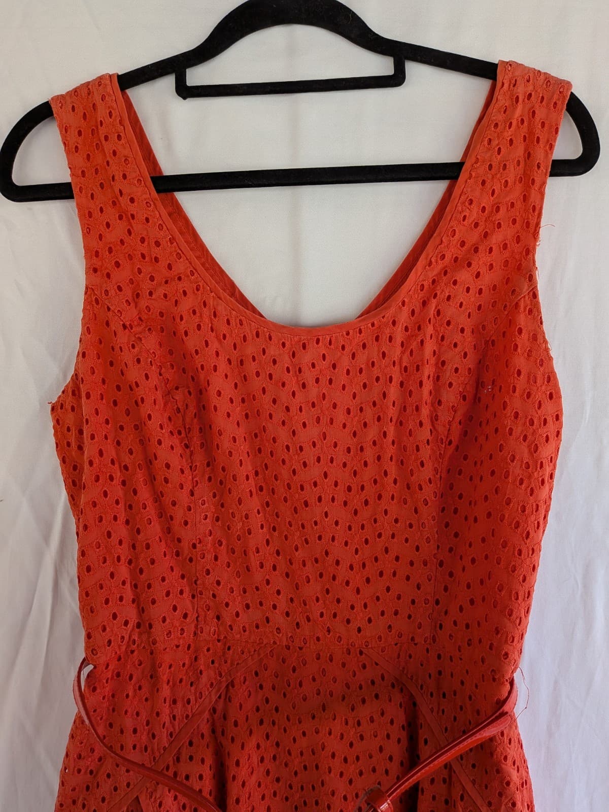 Review Dress Size 10 Orange Eyelet Fit & Flare Belted Midi Cocktail Party — photo 5 of 11