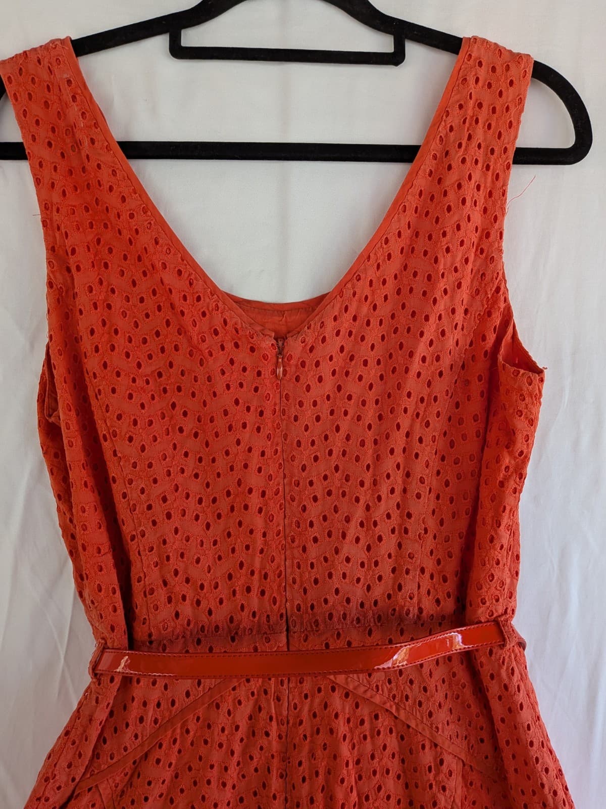 Review Dress Size 10 Orange Eyelet Fit & Flare Belted Midi Cocktail Party — photo 8 of 11