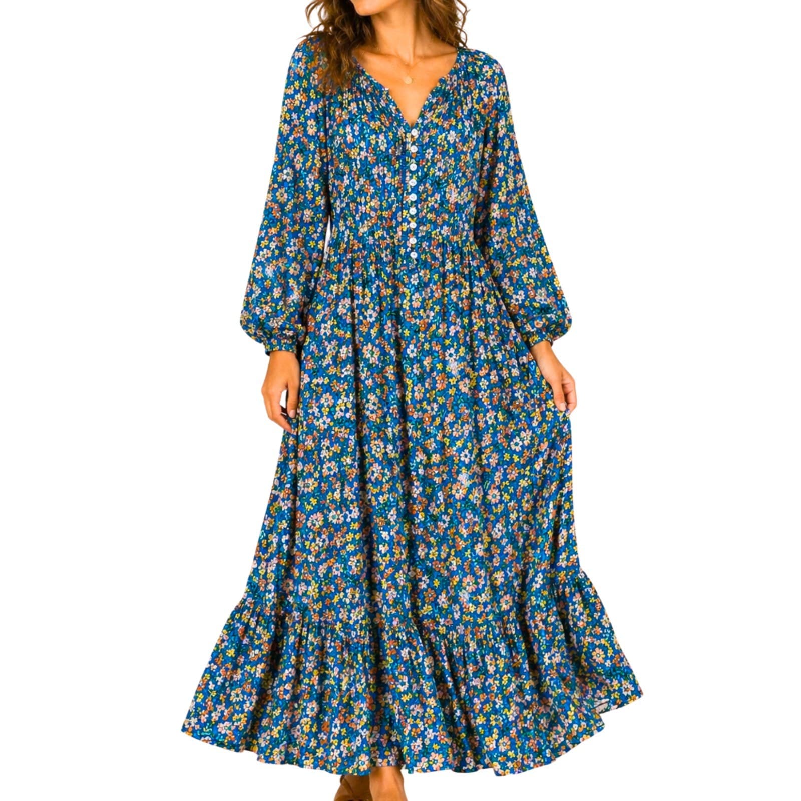Dreamcatcher Dress Size 12 L Blue Floral Boho Maxi Tiered Rayon Long Sleeve — photo 1 of 11