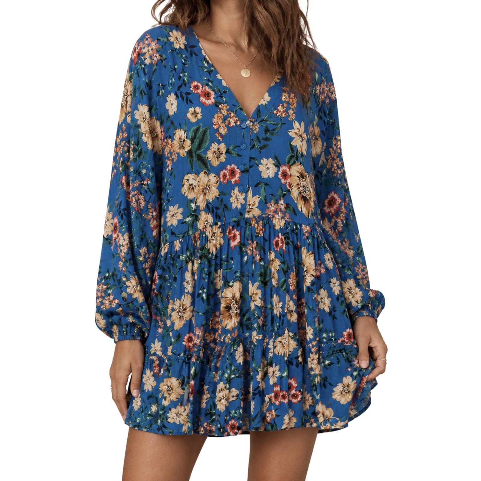 Dreamcatcher Dress Size 16 2XL Blue Floral Boho Mini Tiered Rayon Long Sleeve — photo 1 of 12