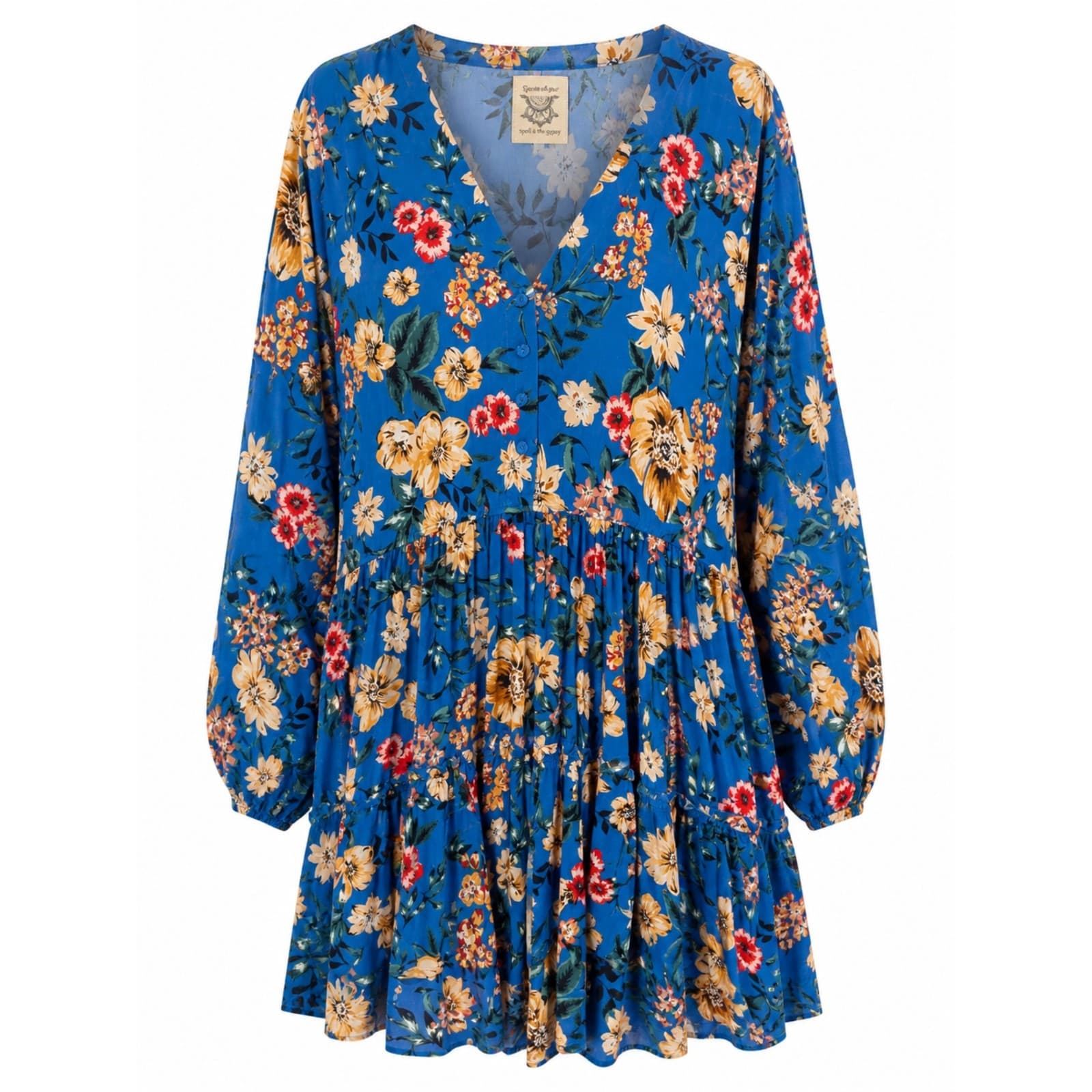 Dreamcatcher Dress Size 16 2XL Blue Floral Boho Mini Tiered Rayon Long Sleeve — photo 2 of 12