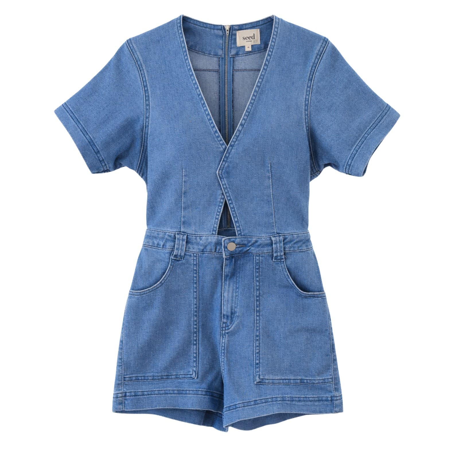Seed Heritage Playsuit Denim Blue Short Sleeve Zip Stretch AU 10 — photo 1 of 9
