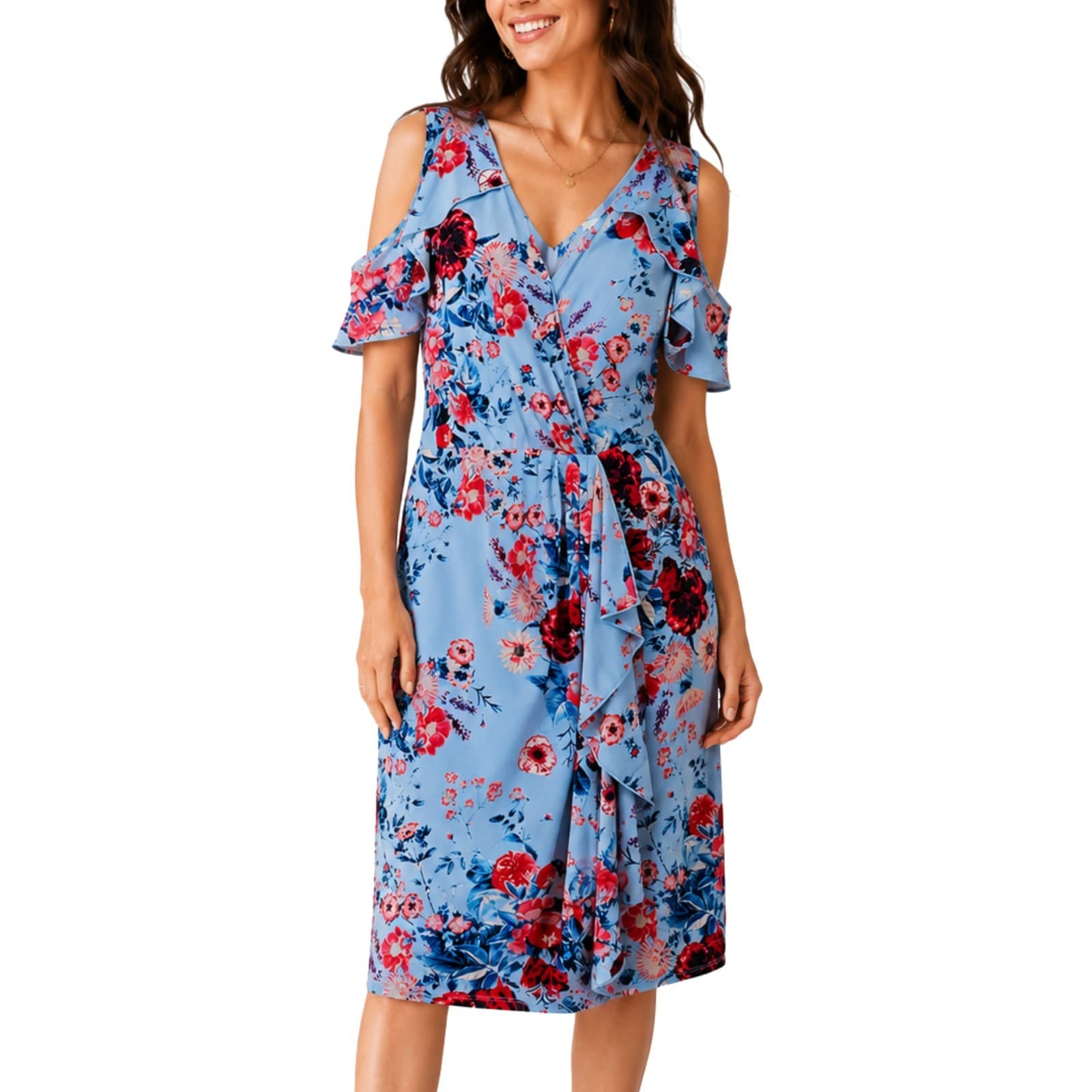 Leona Edmiston Lena Floral Faux Wrap Dress Size 16 Blue Pink Midi Wedding Guest — photo 1 of 8