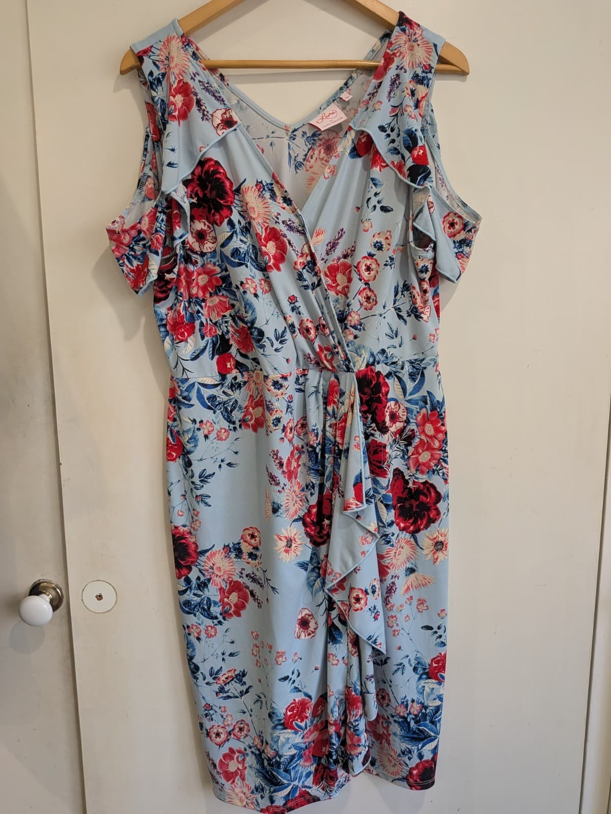Leona Edmiston Lena Floral Faux Wrap Dress Size 16 Blue Pink Midi Wedding Guest — photo 2 of 8