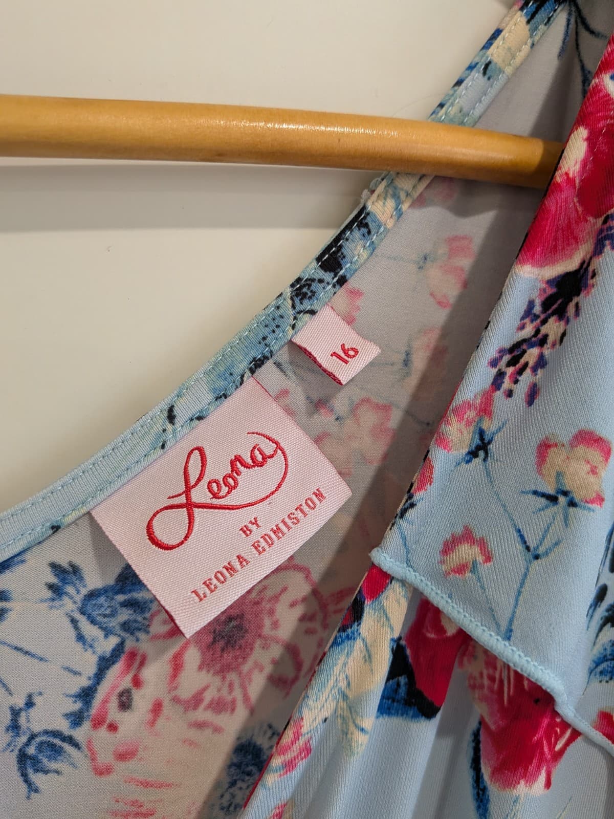 Leona Edmiston Lena Floral Faux Wrap Dress Size 16 Blue Pink Midi Wedding Guest — photo 4 of 8