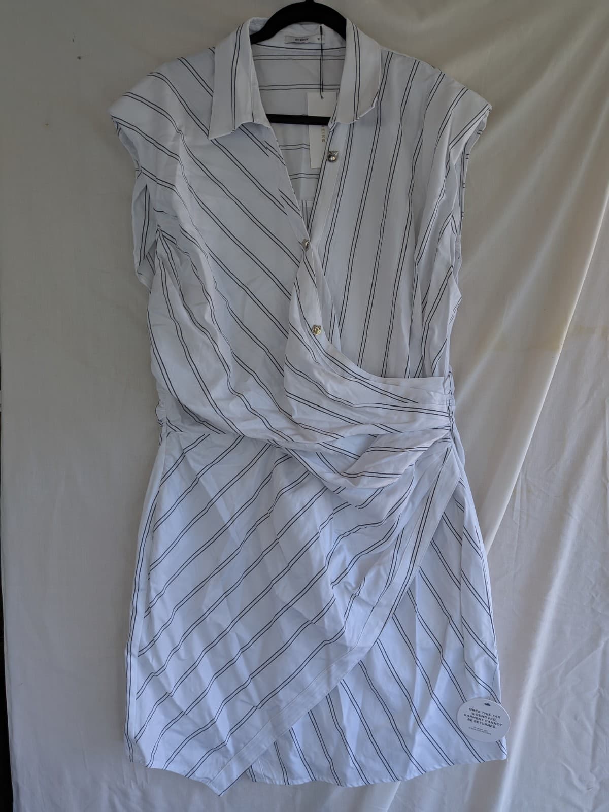 Sheike Teresa Mini Dress Size 16 White Black Stripe Wrap Shirt Dress Tencel NWT — photo 2 of 12