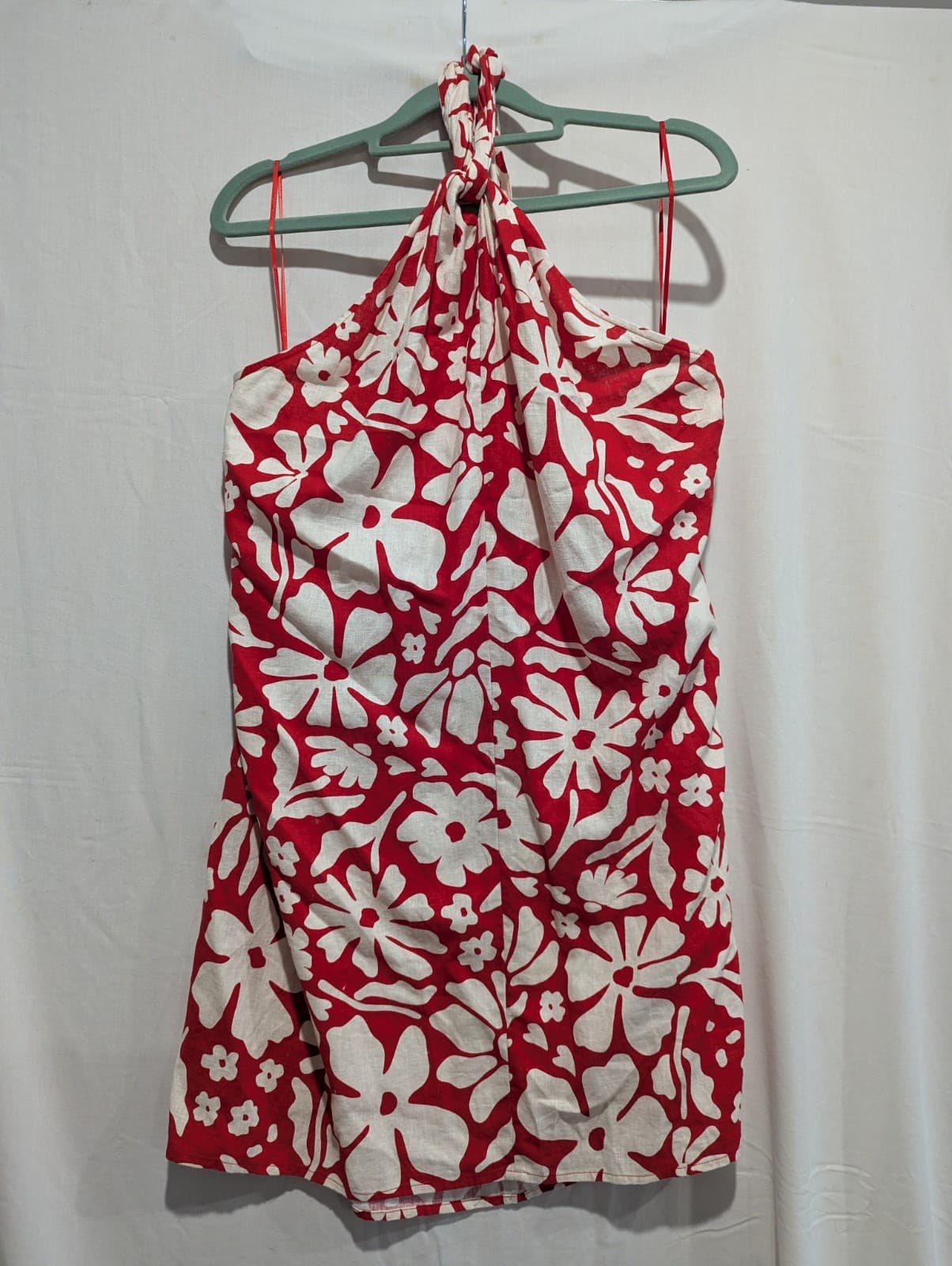 Sportsgirl Halter Dress Size 14 Red Floral Linen Blend Summer Beach Retro — photo 3 of 9