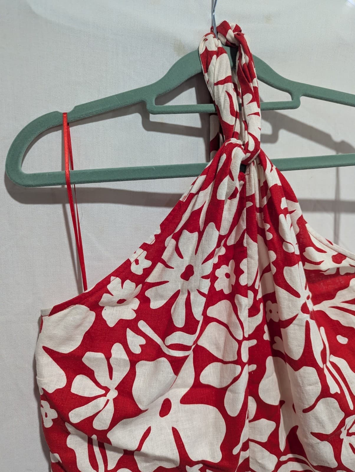 Sportsgirl Halter Dress Size 14 Red Floral Linen Blend Summer Beach Retro — photo 5 of 9