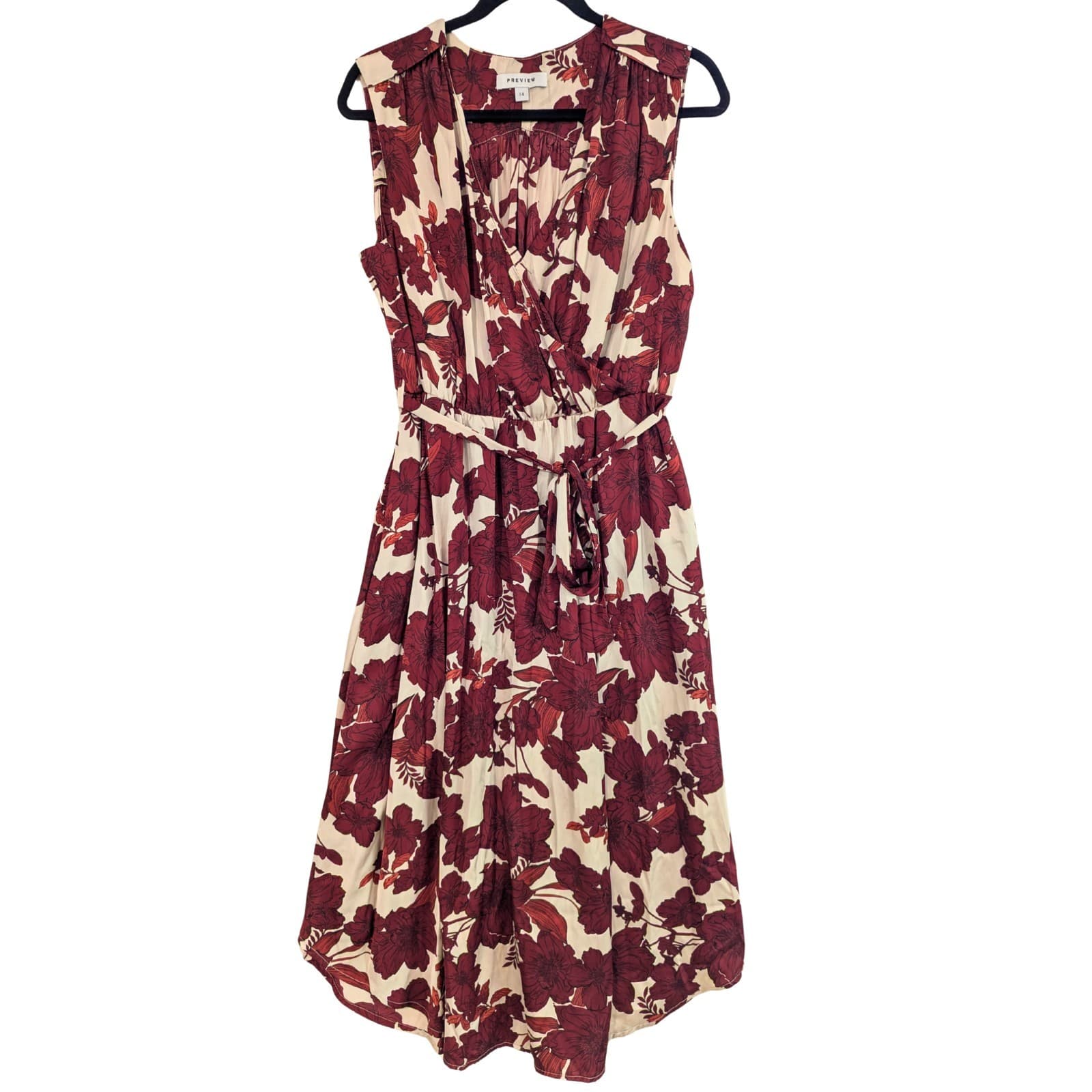 Preview Dress Aus 14 US 10 Cream Red Floral Wrap Midi Sleeveless Belted Summer — photo 2 of 11