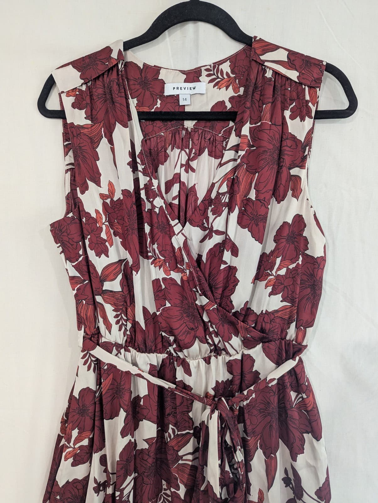 Preview Dress Aus 14 US 10 Cream Red Floral Wrap Midi Sleeveless Belted Summer — photo 5 of 11