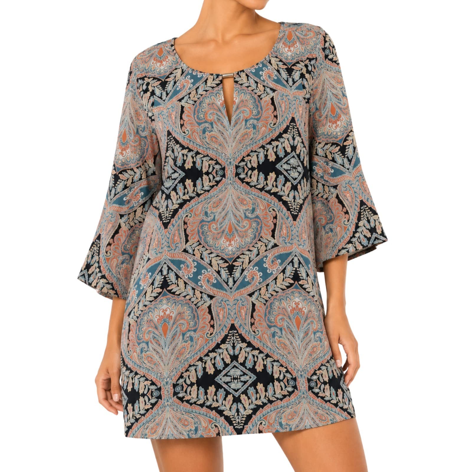 Monsoon Silk Paisley Tunic Dress Blue Coral Boho Floaty Lined Plus Size UK 18 — photo 1 of 10