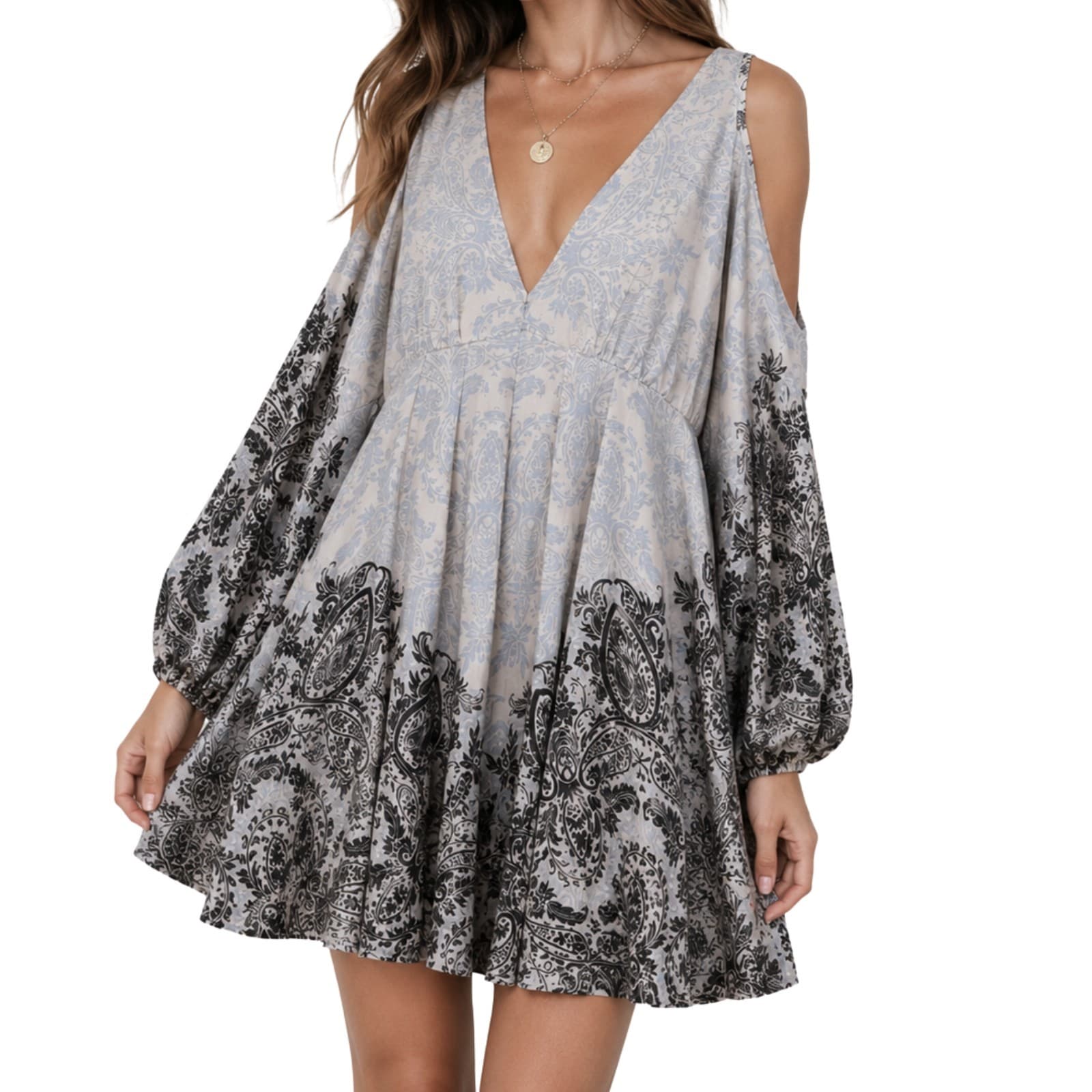 Free People Mini Dress L Blue Paisley Cold Shoulder Boho Balloon Sleeve — photo 1 of 12