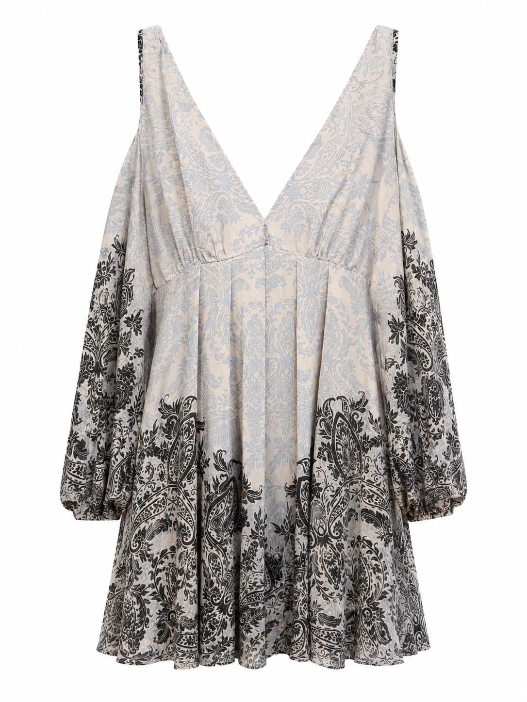 Free People Mini Dress L Blue Paisley Cold Shoulder Boho Balloon Sleeve — photo 2 of 12