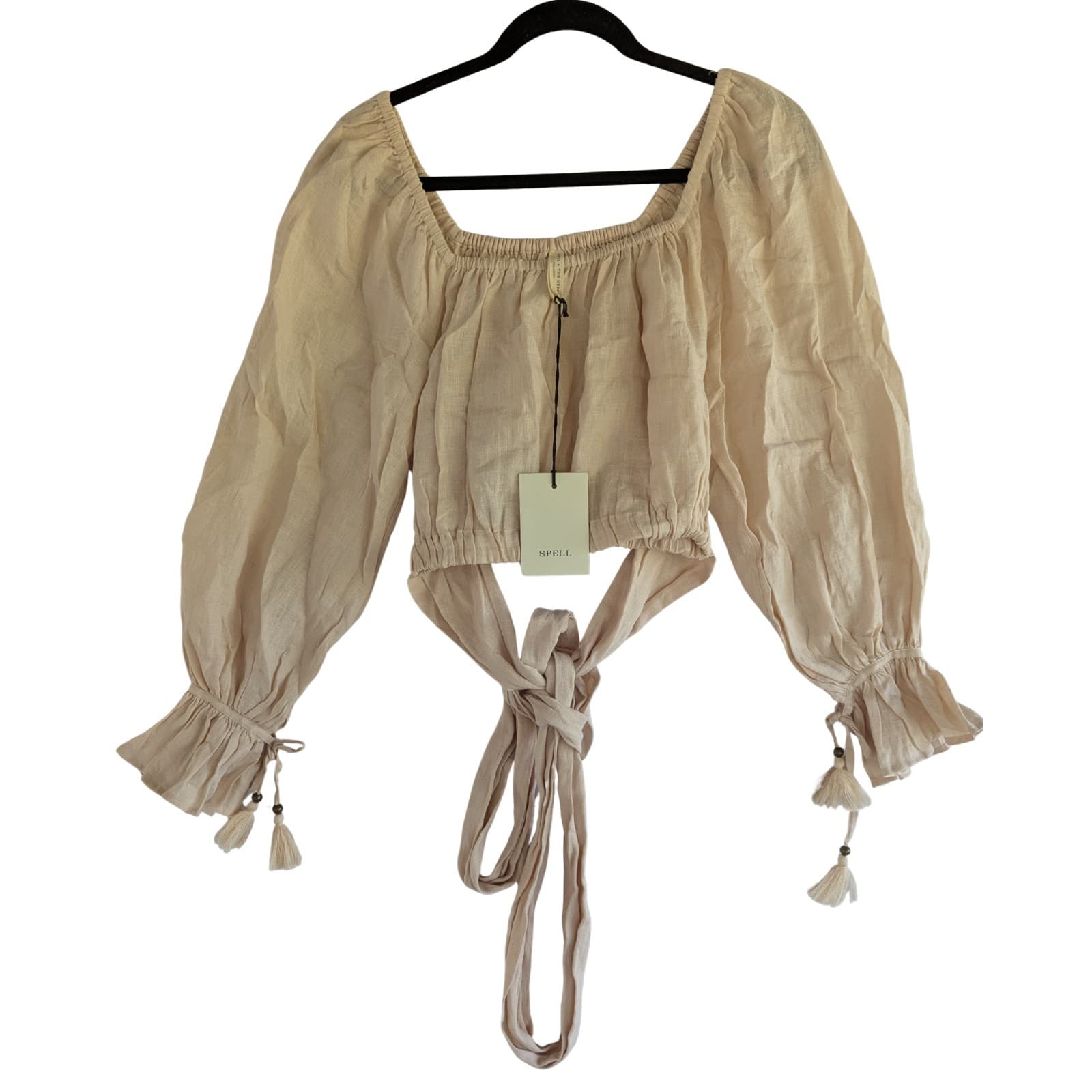 Spell Mae Linen Tie Top Meringue Cream Boho Crop Blouse Size XS 8-10 — photo 3 of 12