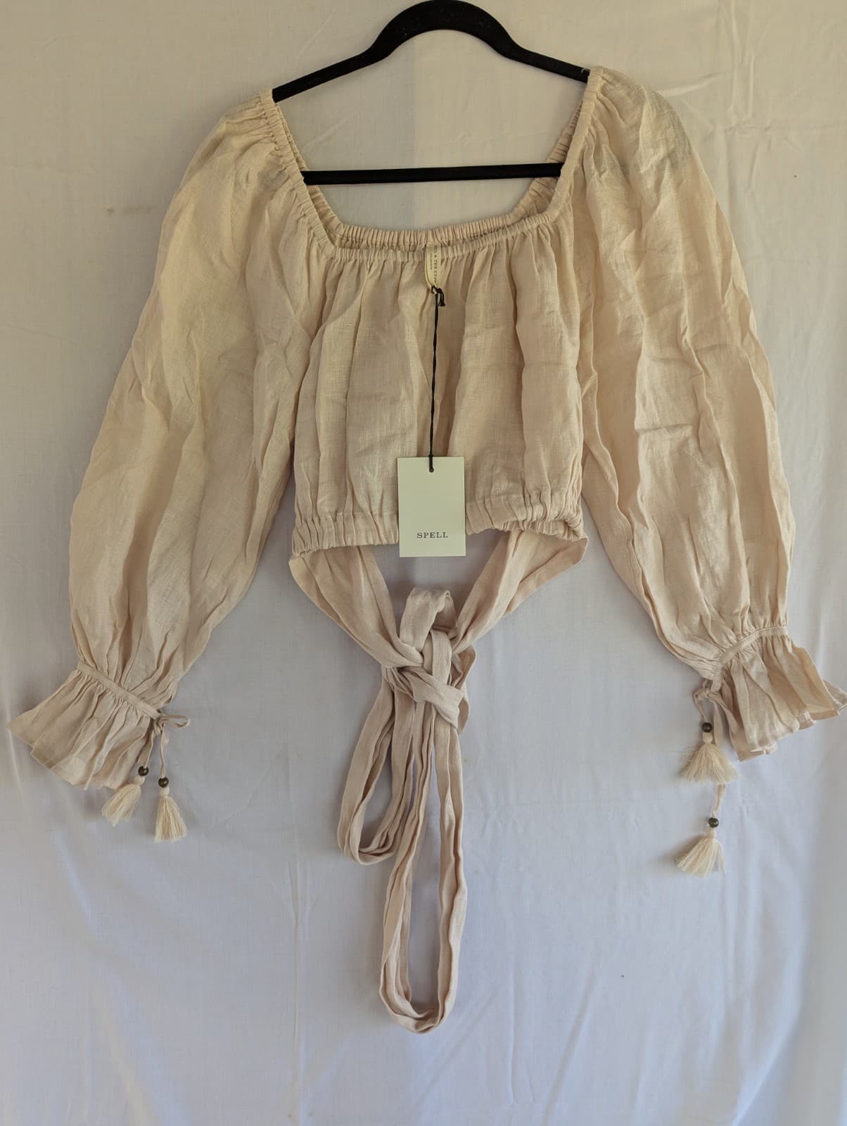 Spell Mae Linen Tie Top Meringue Cream Boho Crop Blouse Size XS 8-10 — photo 5 of 12