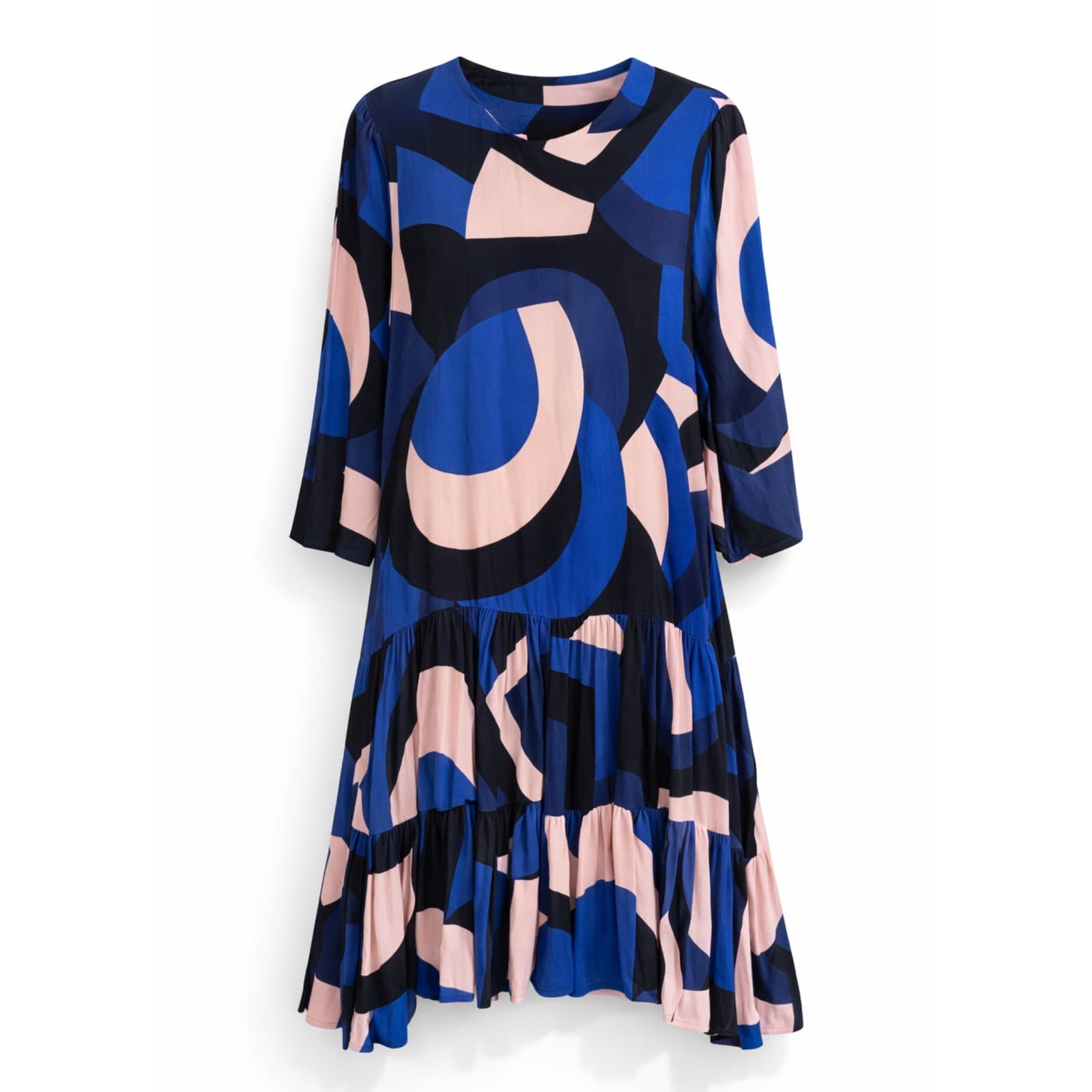 Mister Zimi Midi Dress AU 14 US 10 Blue Pink Abstract Tiered Viscose Long Sleeve — photo 1 of 8
