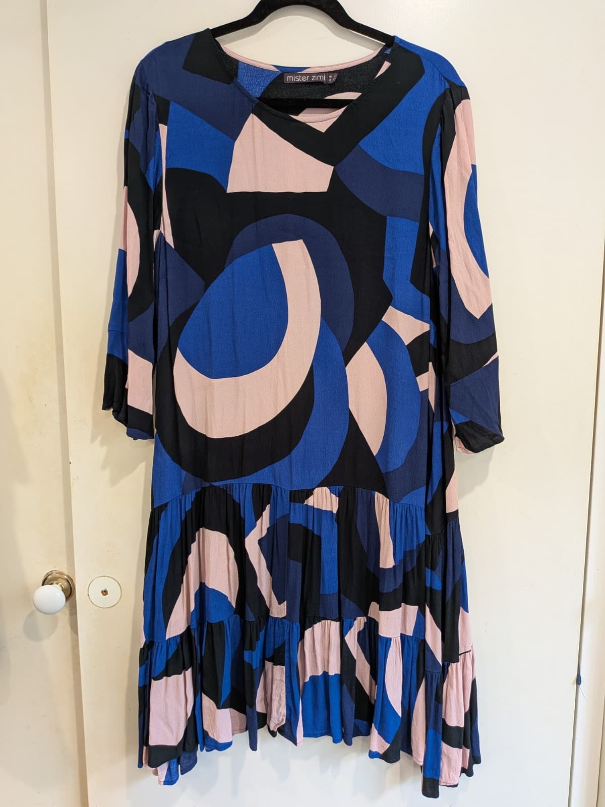 Mister Zimi Midi Dress AU 14 US 10 Blue Pink Abstract Tiered Viscose Long Sleeve — photo 2 of 8