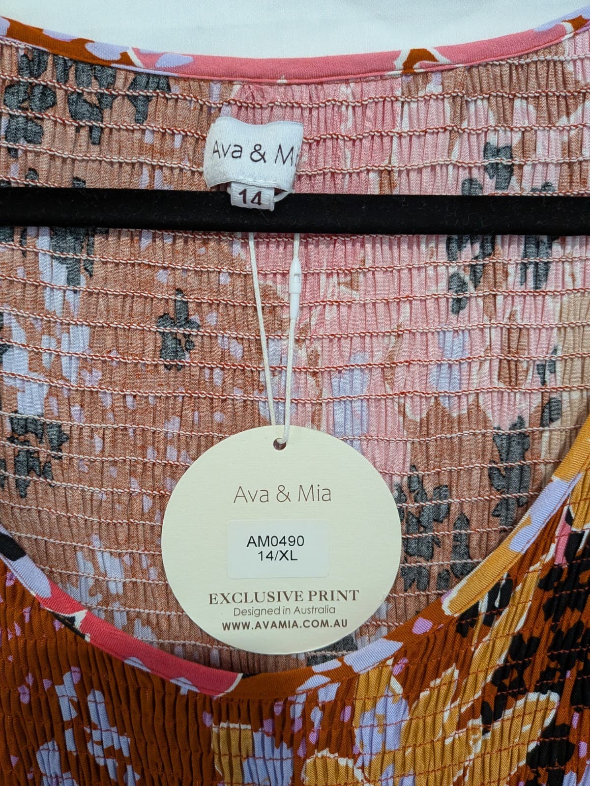 Ava Mia Dress Boho Floral Midi Smock Shirred Pink Orange Size 14 XL — photo 7 of 11