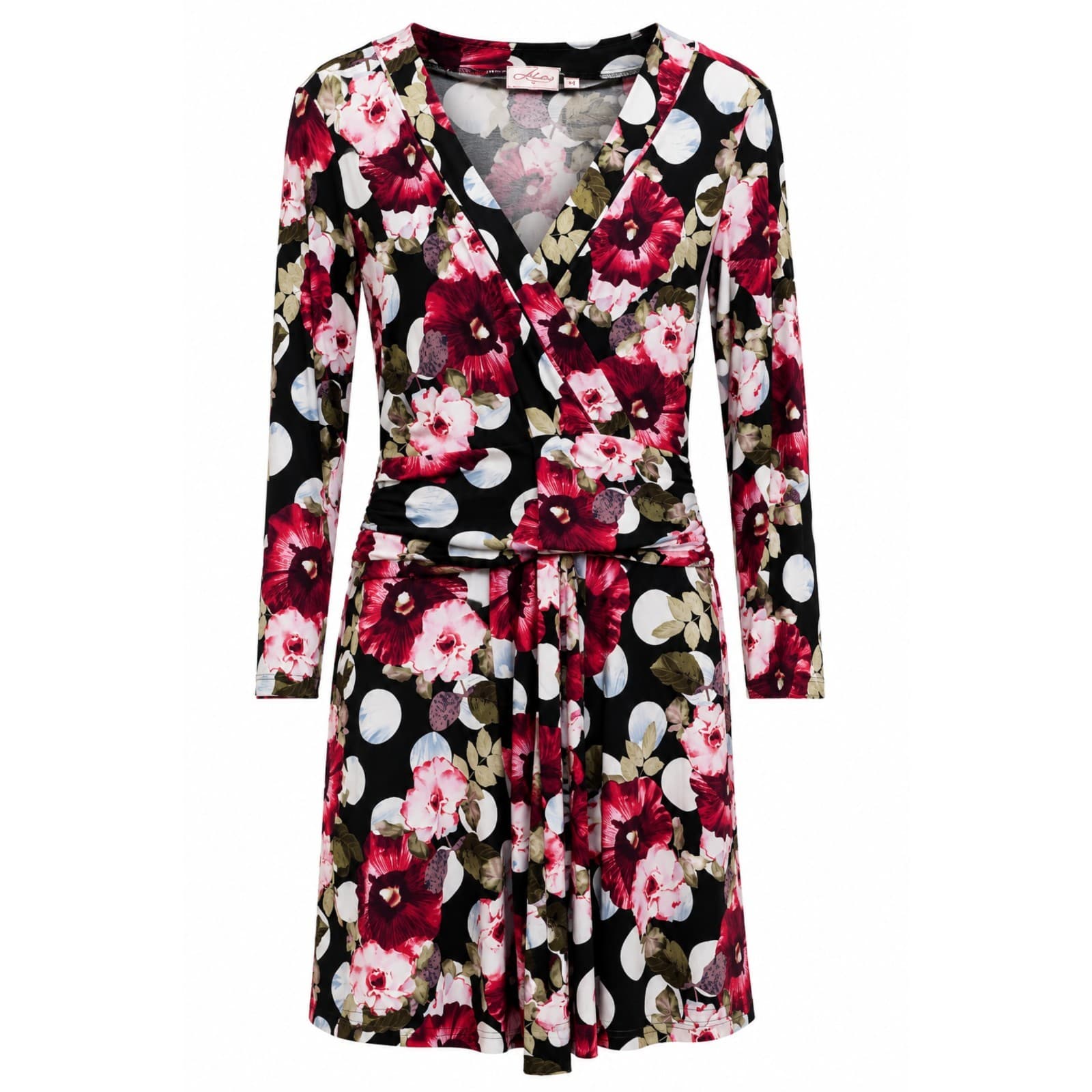 Leona Edmiston Floral Faux Wrap Knee Dress Black Pink Long Sleeve Size 12 — photo 1 of 10