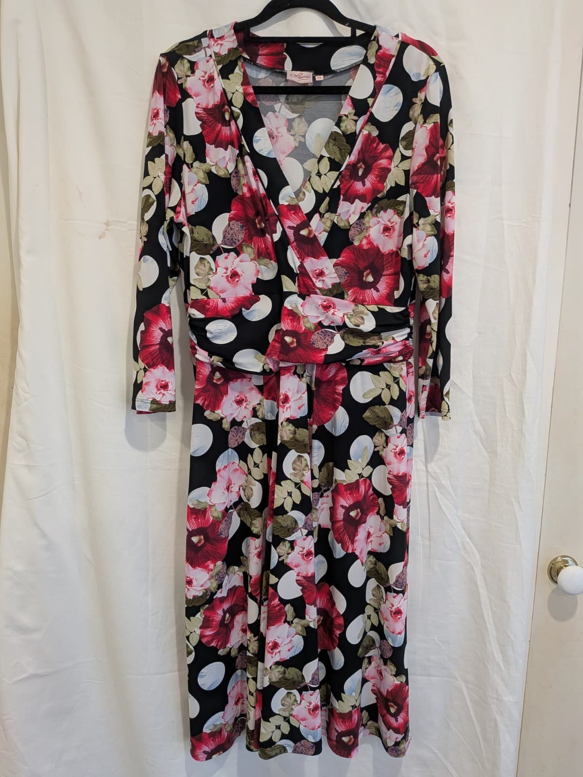 Leona Edmiston Floral Faux Wrap Knee Dress Black Pink Long Sleeve Size 12 — photo 2 of 10