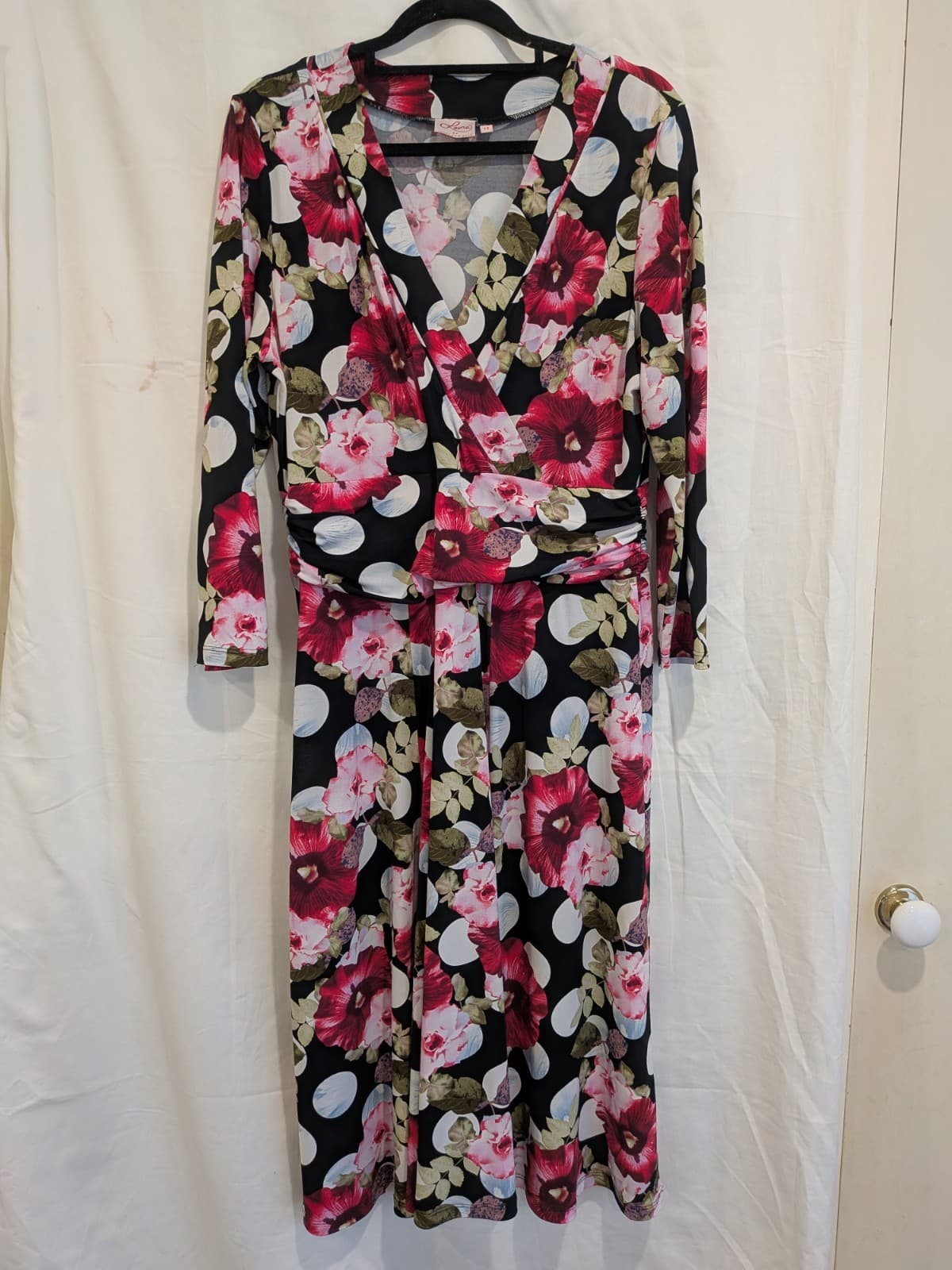 Leona Edmiston Floral Faux Wrap Knee Dress Black Pink Long Sleeve Size 12 — photo 3 of 10