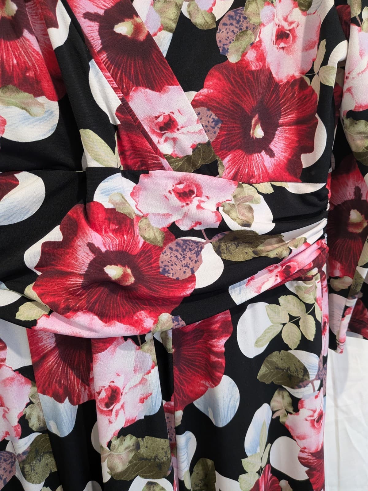 Leona Edmiston Floral Faux Wrap Knee Dress Black Pink Long Sleeve Size 12 — photo 4 of 10