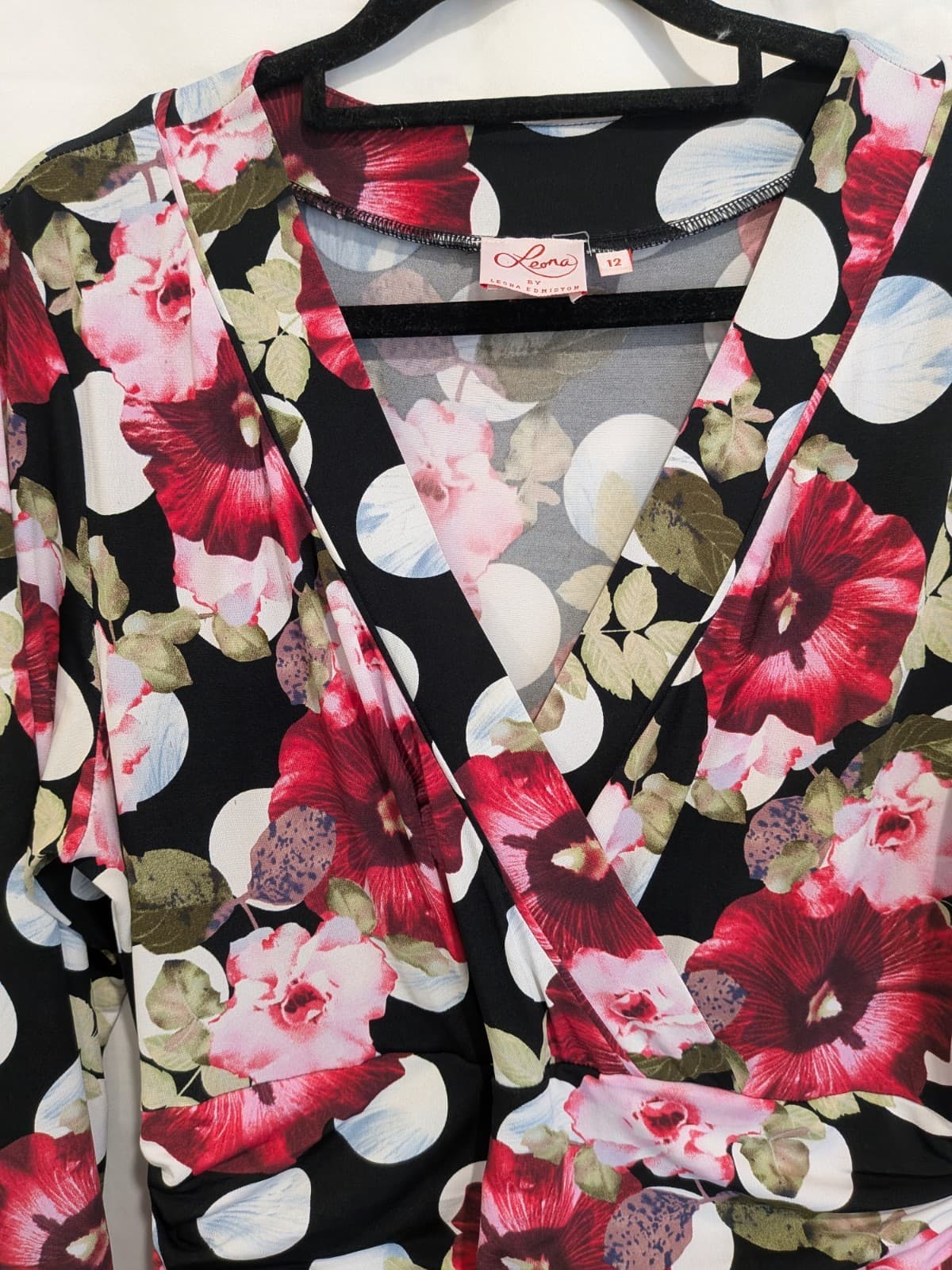 Leona Edmiston Floral Faux Wrap Knee Dress Black Pink Long Sleeve Size 12 — photo 5 of 10