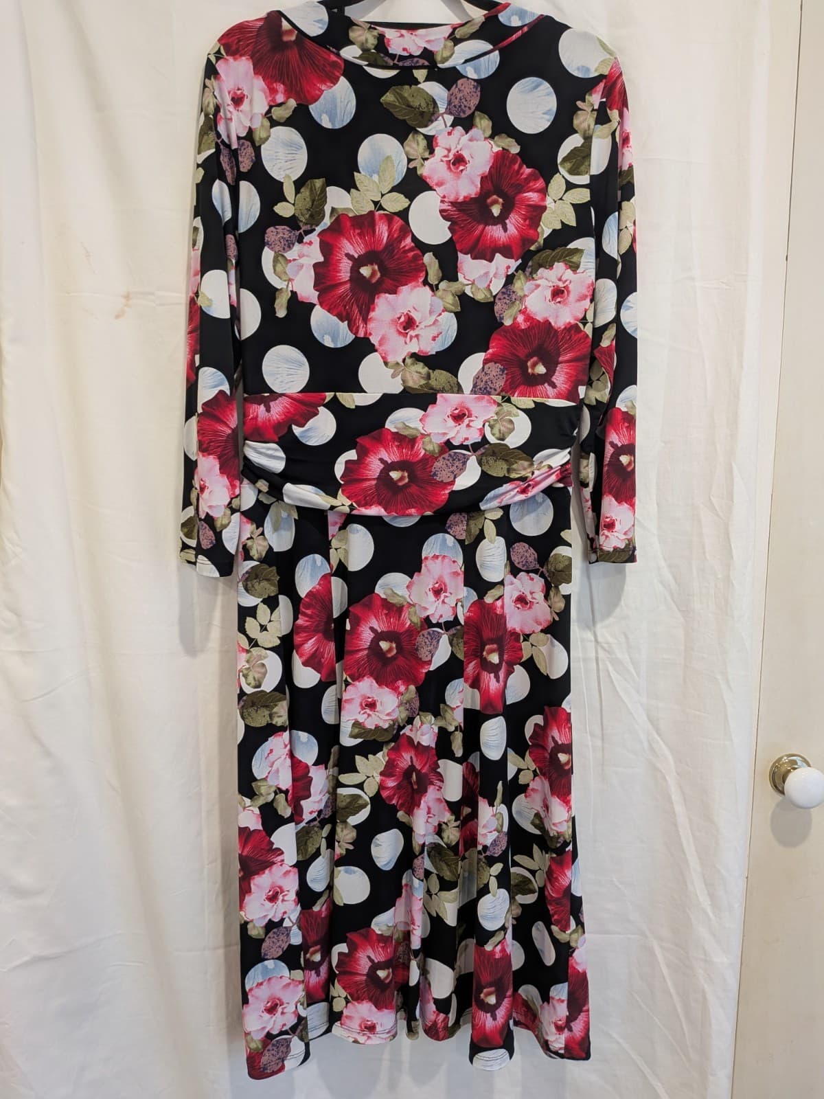 Leona Edmiston Floral Faux Wrap Knee Dress Black Pink Long Sleeve Size 12 — photo 9 of 10