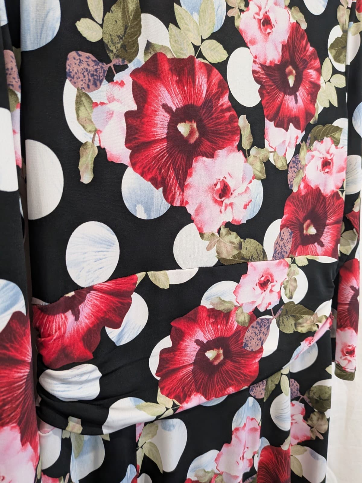Leona Edmiston Floral Faux Wrap Knee Dress Black Pink Long Sleeve Size 12 — photo 10 of 10