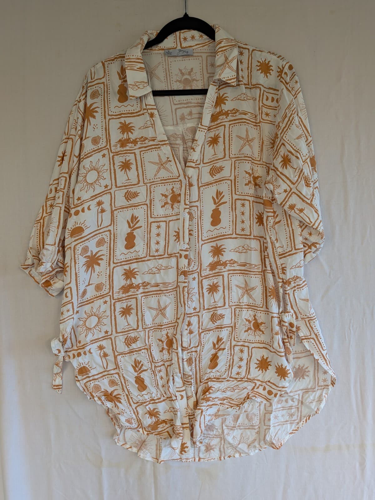 Yours Truly Oversized Rayon Shirt Boho Sun Print Button Resort Size M AU 14 16 — photo 9 of 11
