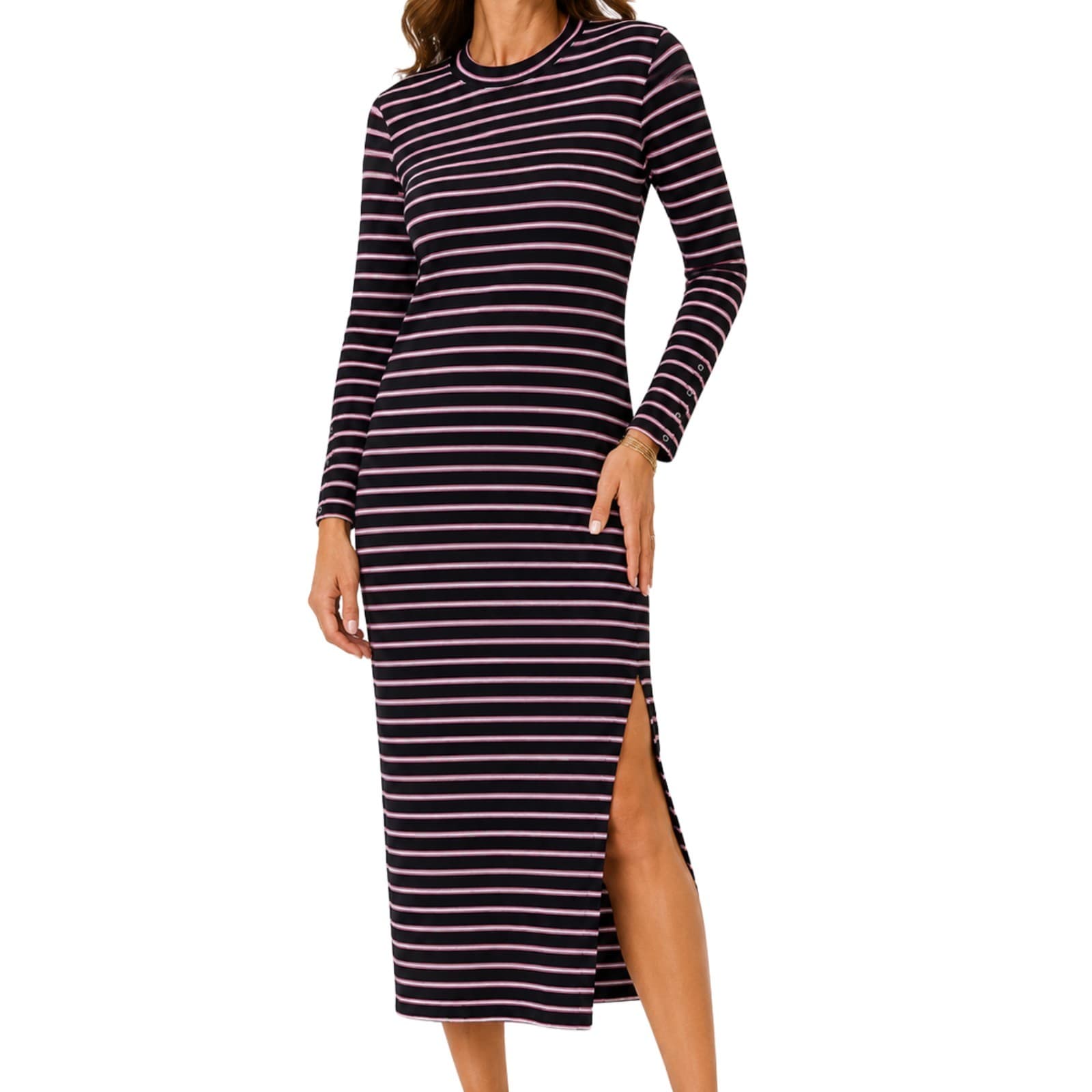 Decjuba Knit Midi Dress L Black Pink Stripe Rib Long Sleeve Stretch Casual — photo 1 of 11